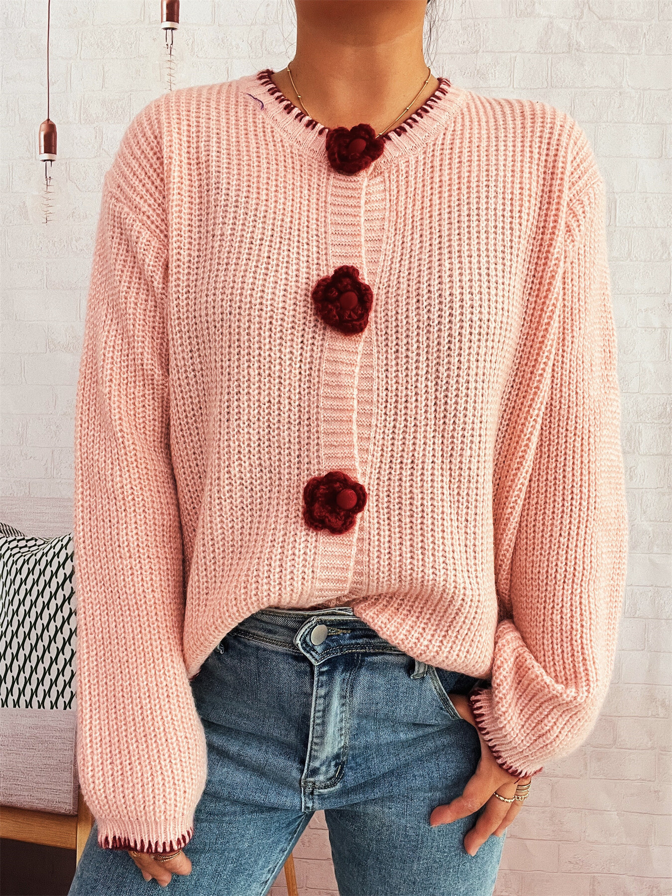 Flower Button Long Sleeve Cardigan