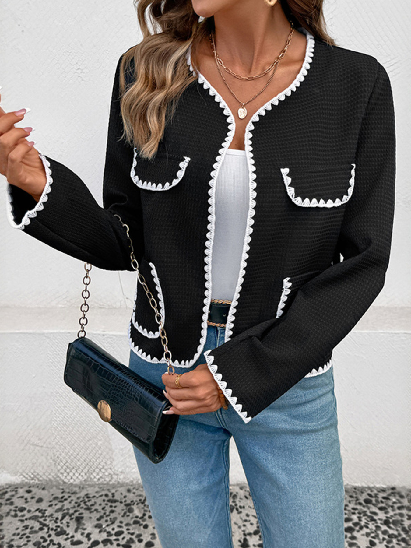 Contrast Trim Open Front Jacket