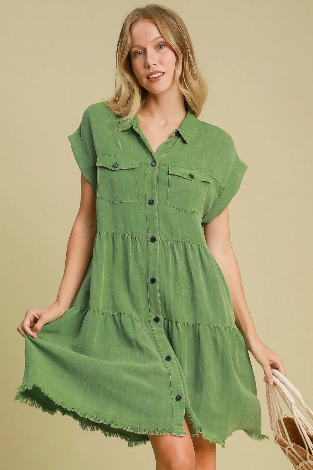 Umgee Full Size Frayed Hemline Button Down Shirt Dress Plus Size