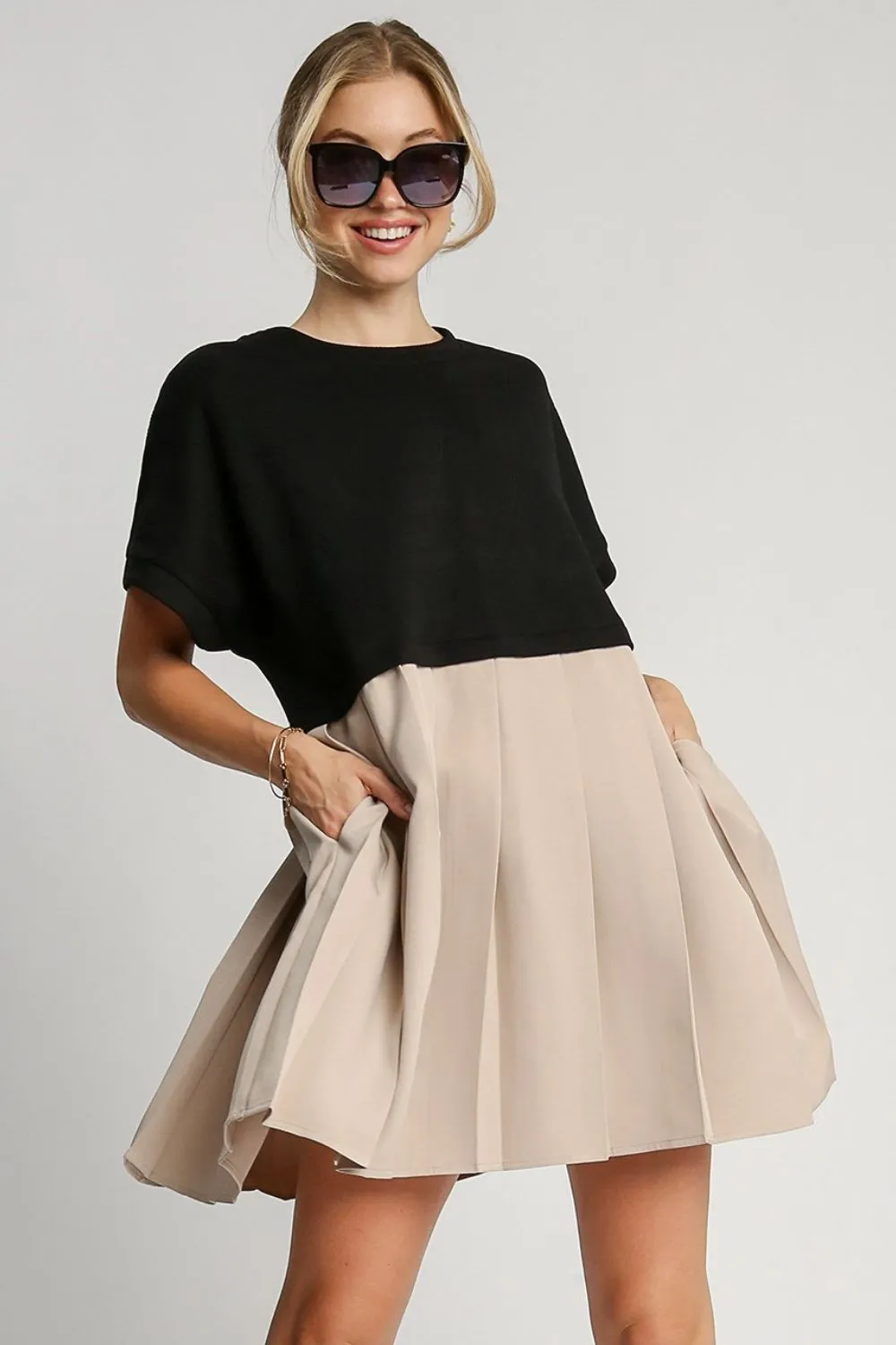 Umgee Full Size Round Neck Pleated Dress with Side Pockets Plus Size