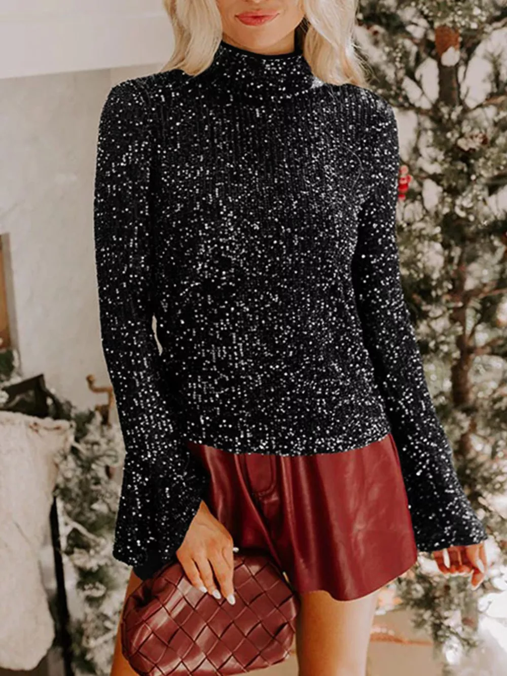 Sequin Mock Neck Drape Open Back Bell Sleeve Top
