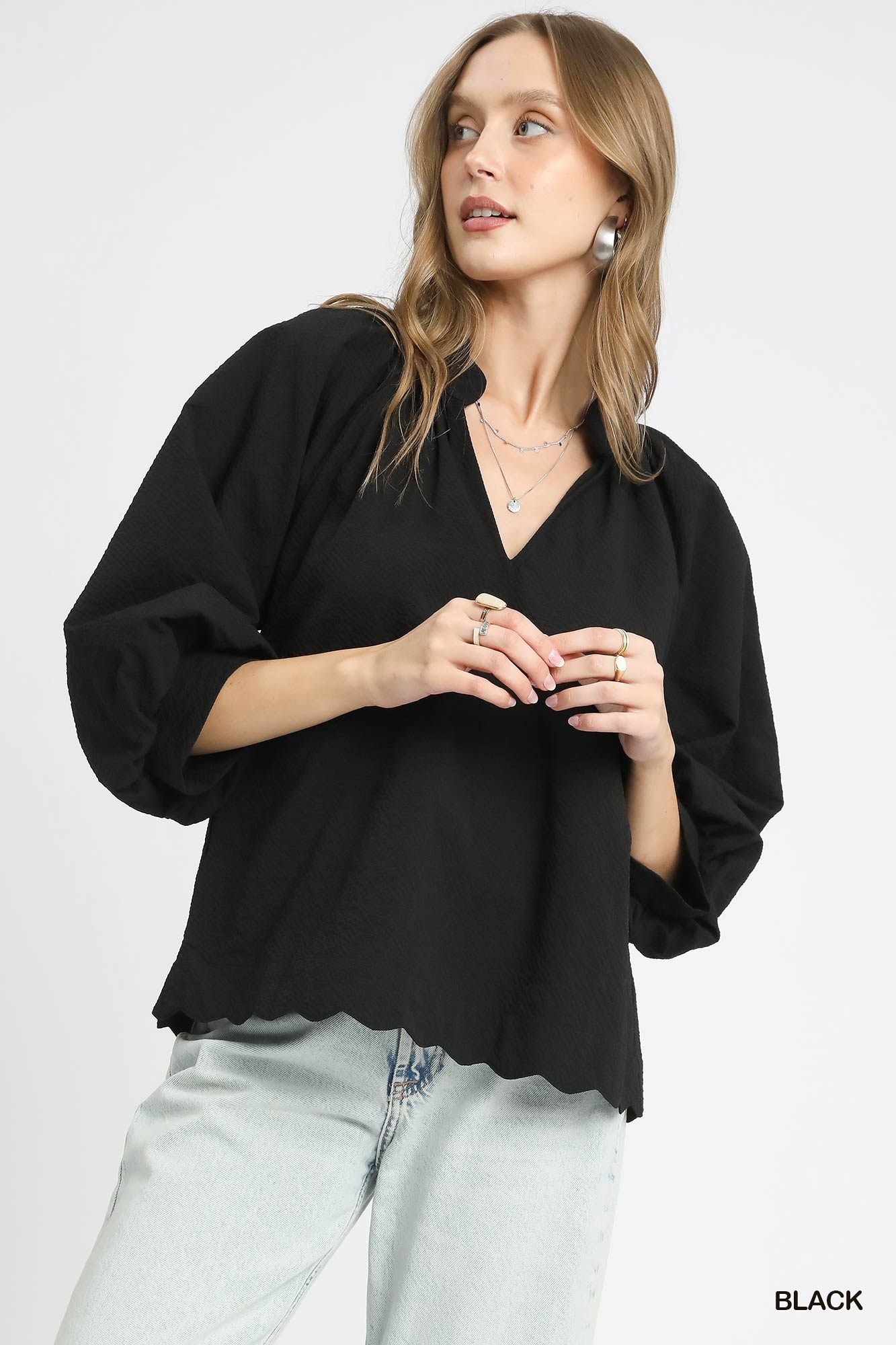 Umgee Full Size Textured Notched Balloon Sleeve Blouse Plus Size