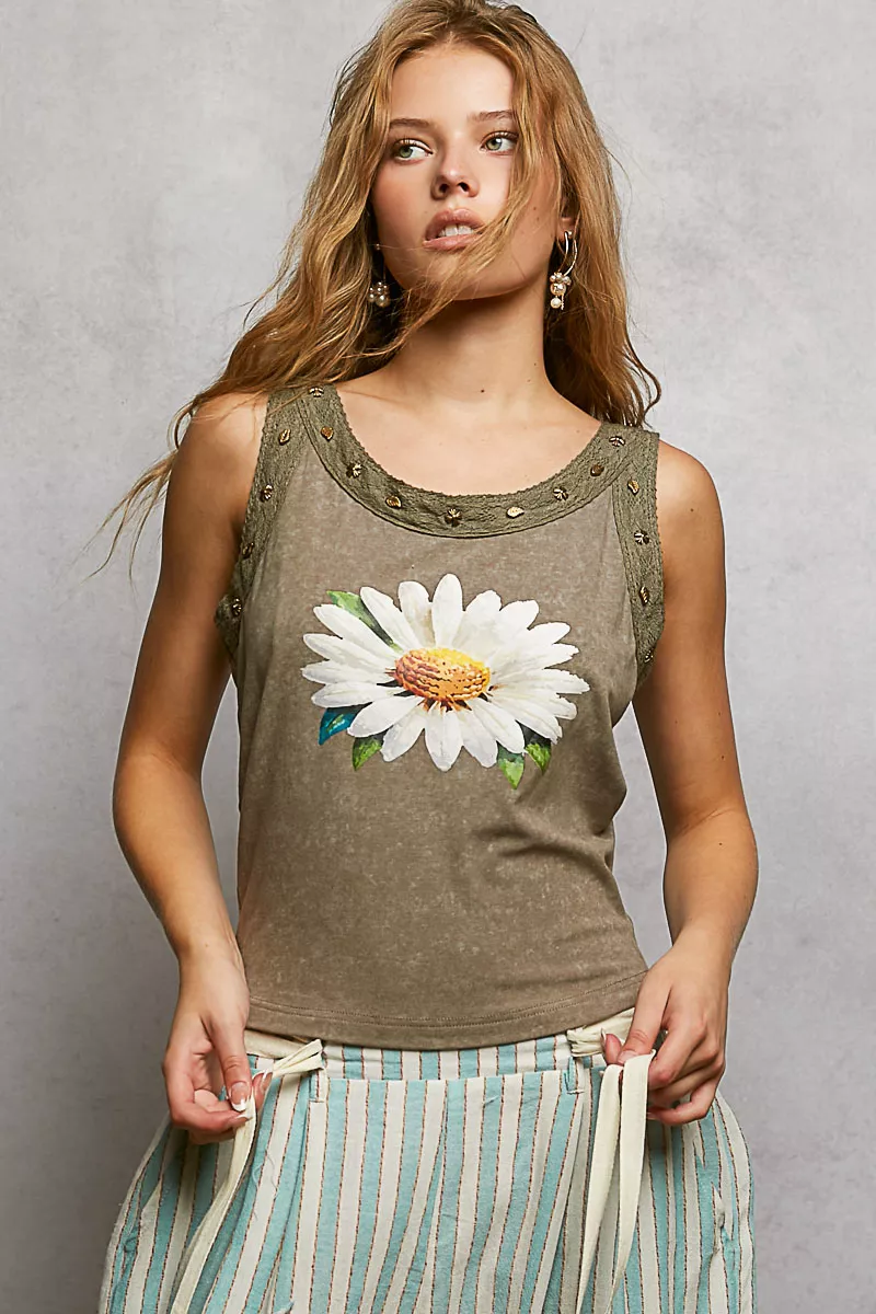 POL Washed Floral Stud Round Neck Slim Tank