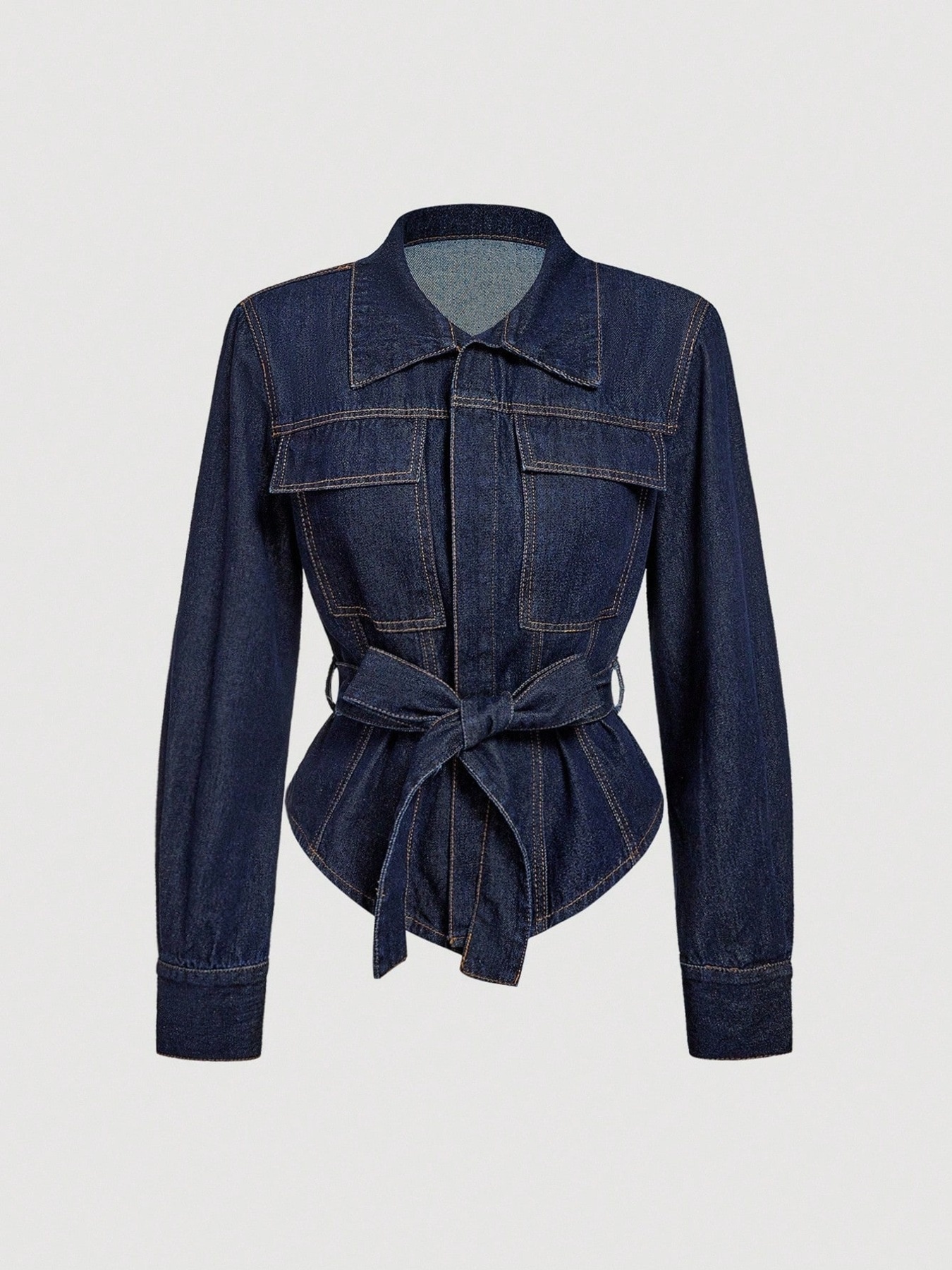 Tie Waist Long Sleeve Denim Jacket