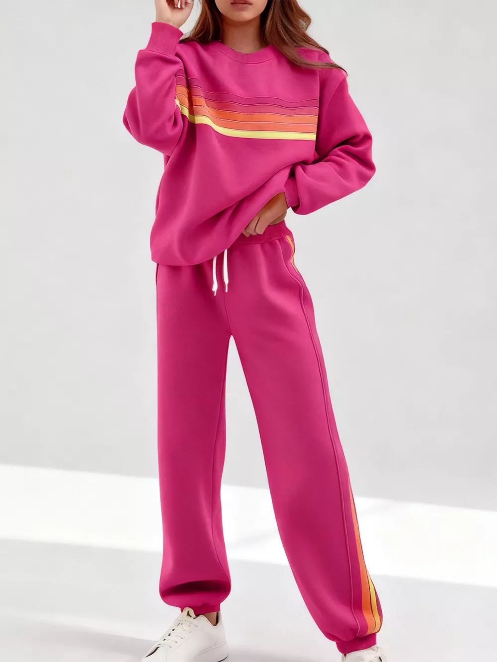 Striped Round Neck Sweatshirt and Pants Set