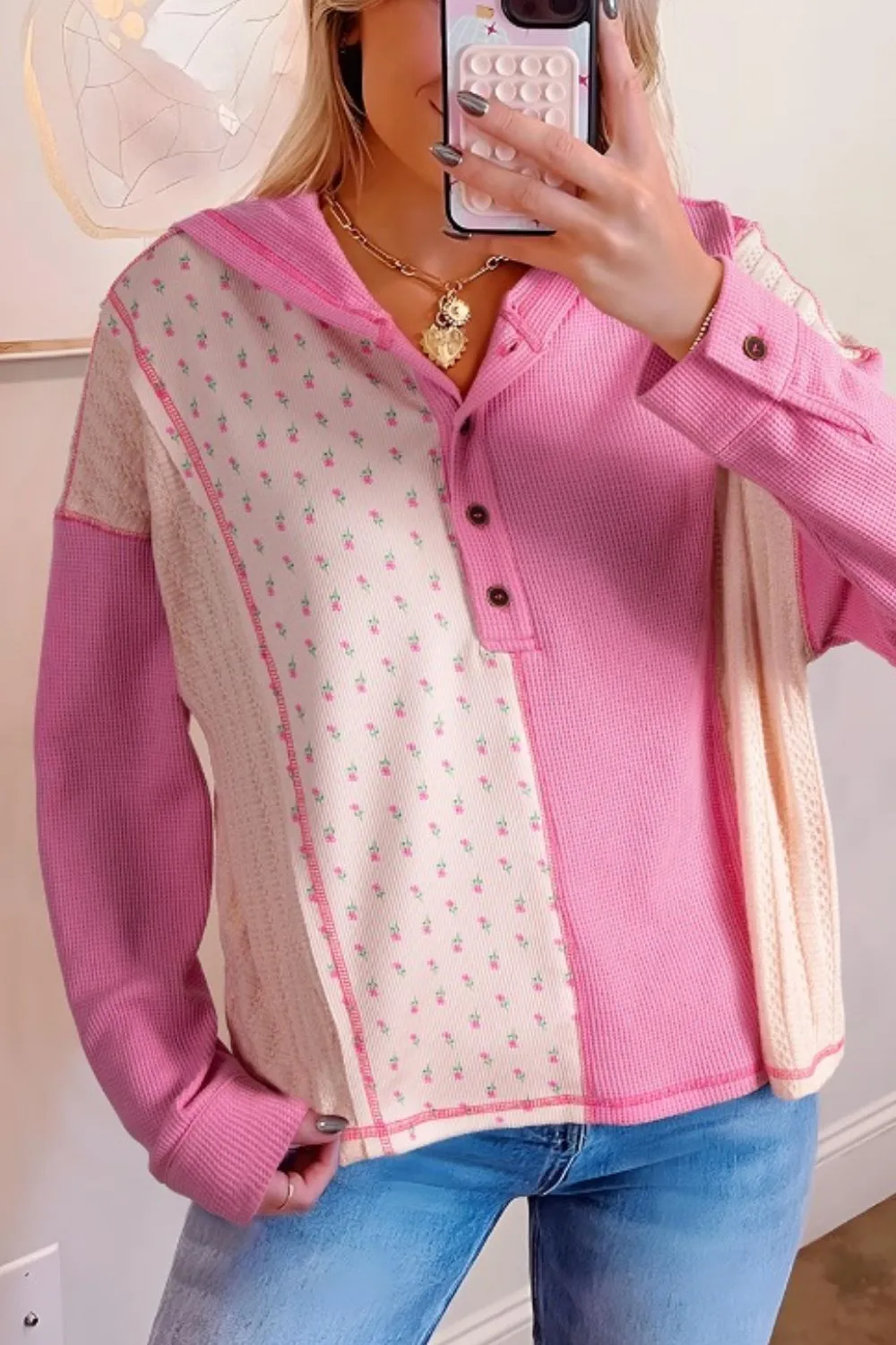 Color Block Button Detail Hoodie