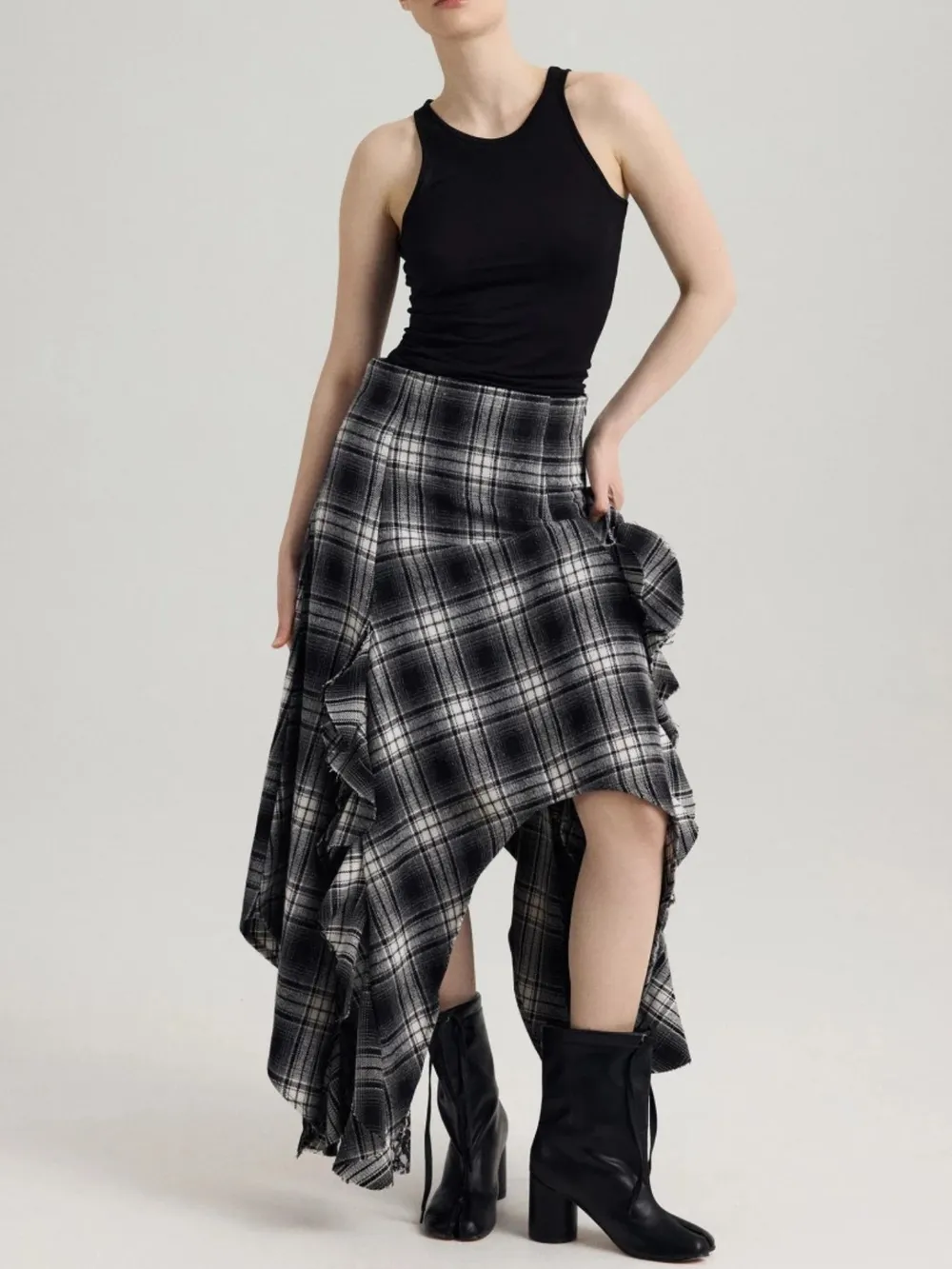 Asymmetrical Plaid Ruffle Midi Skirt