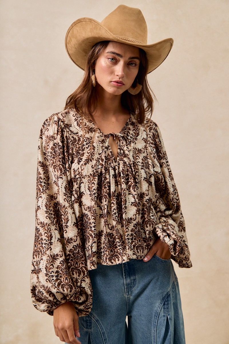 Bibi Printed Woven Front Tied Blouse With Baloon Sleeve