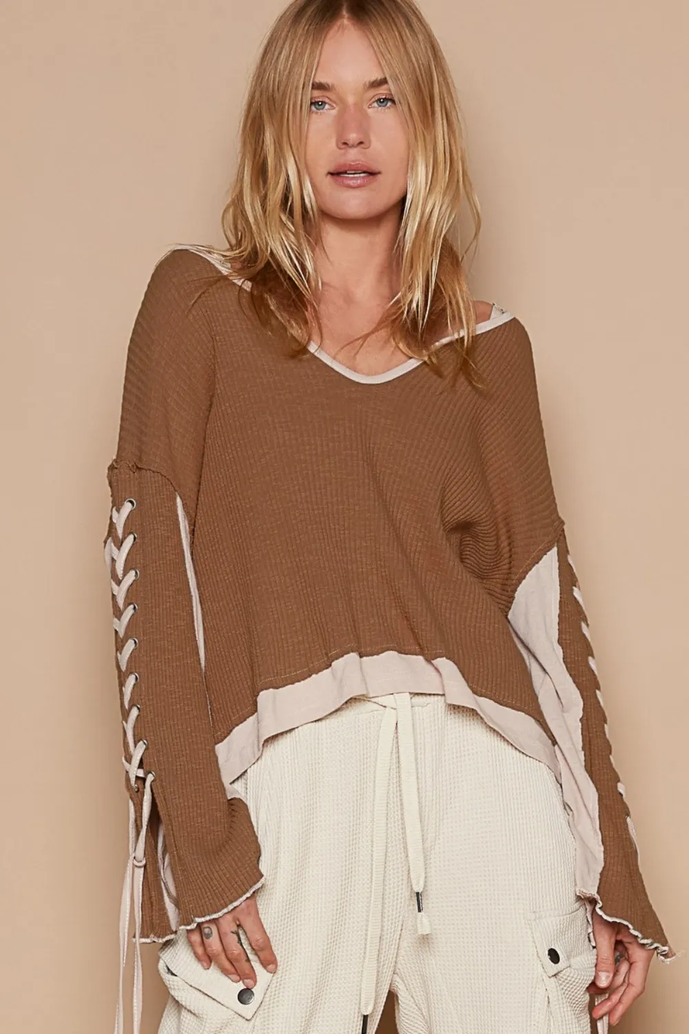 Pol Lace-Up Sleeve Color Block Ribbed Knit Top