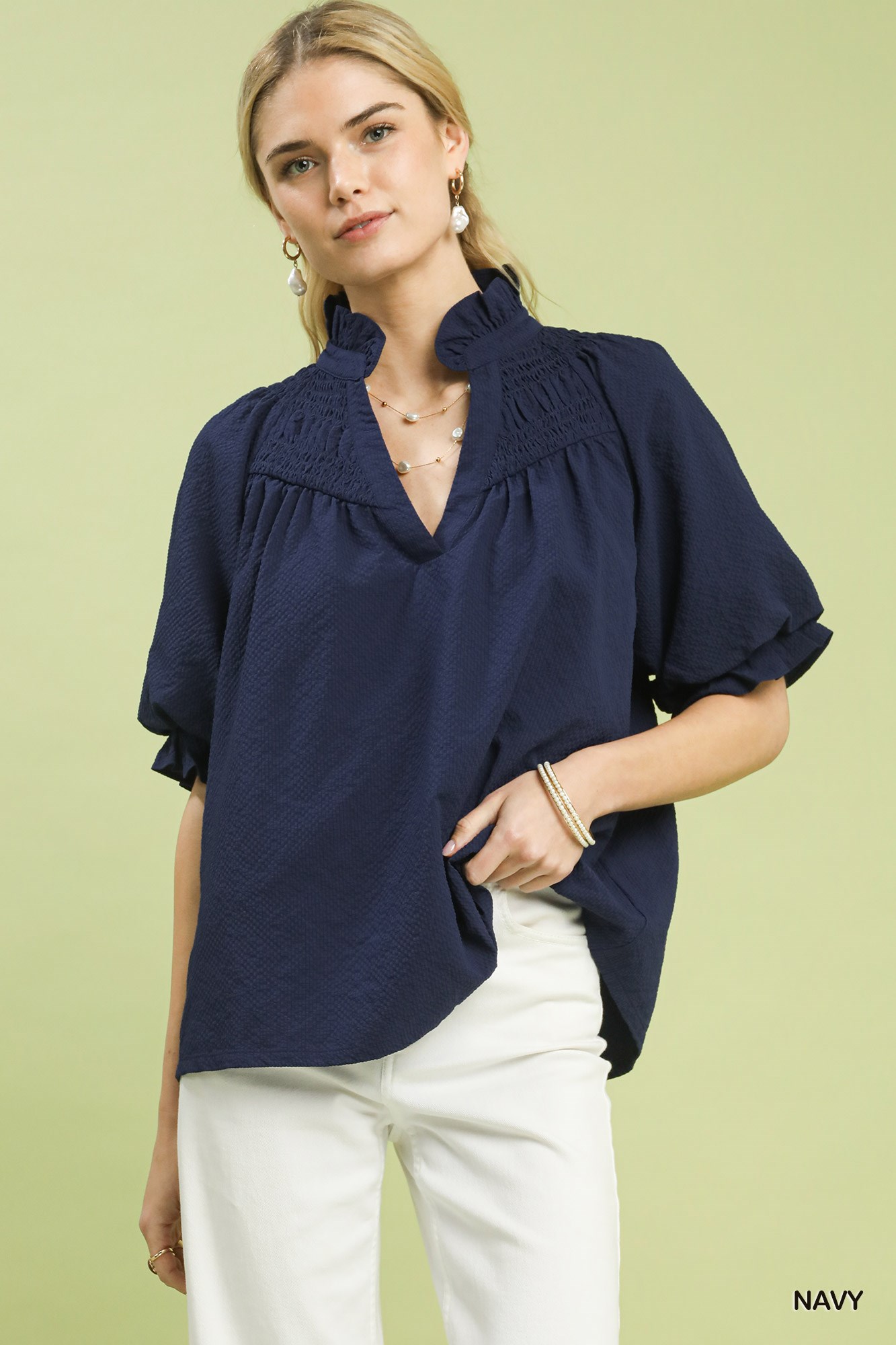 Umgee Textured Smocked Yoke Split-Neck Top