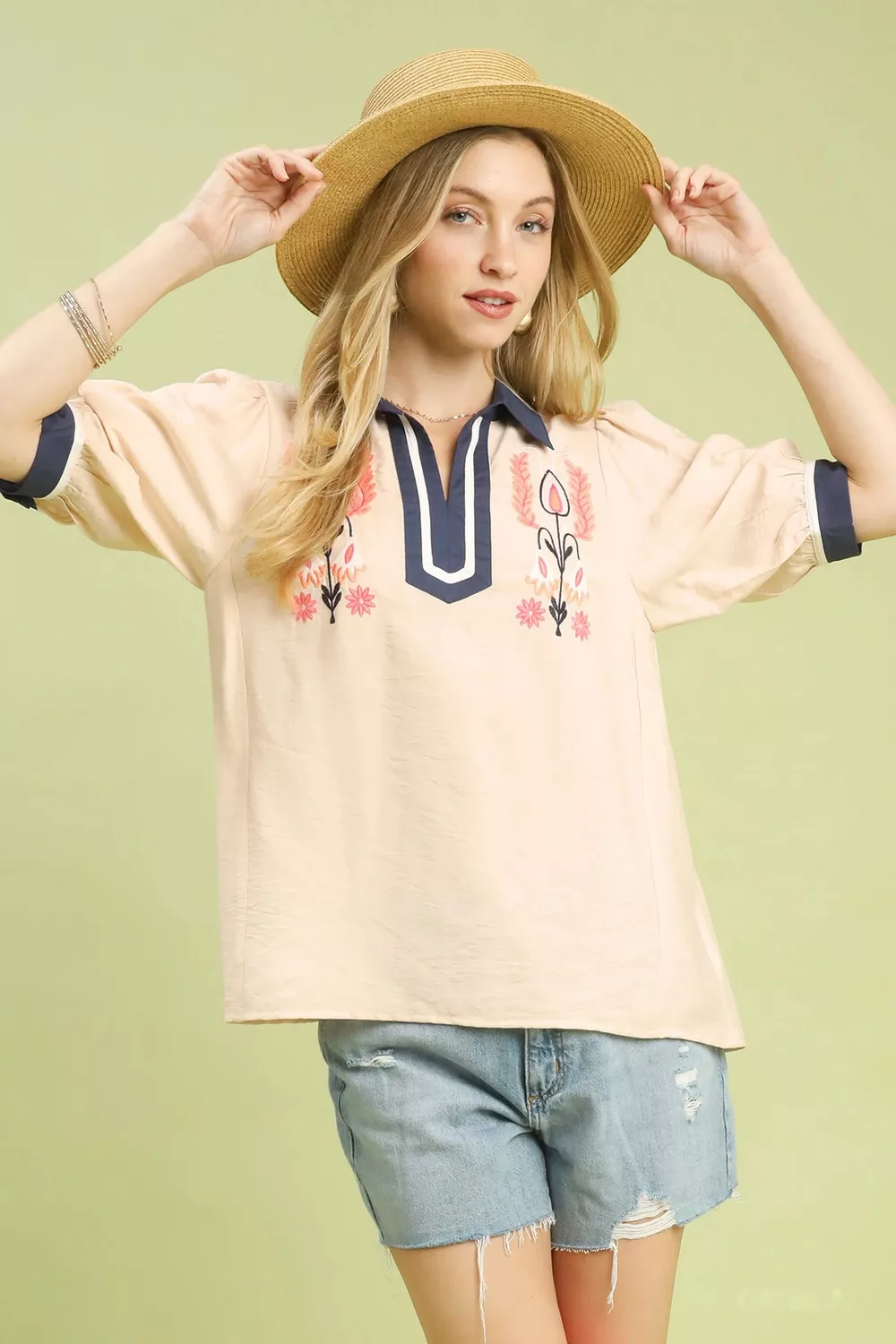 Umgee Embroidered Puff Sleeve Contrast Trim Top