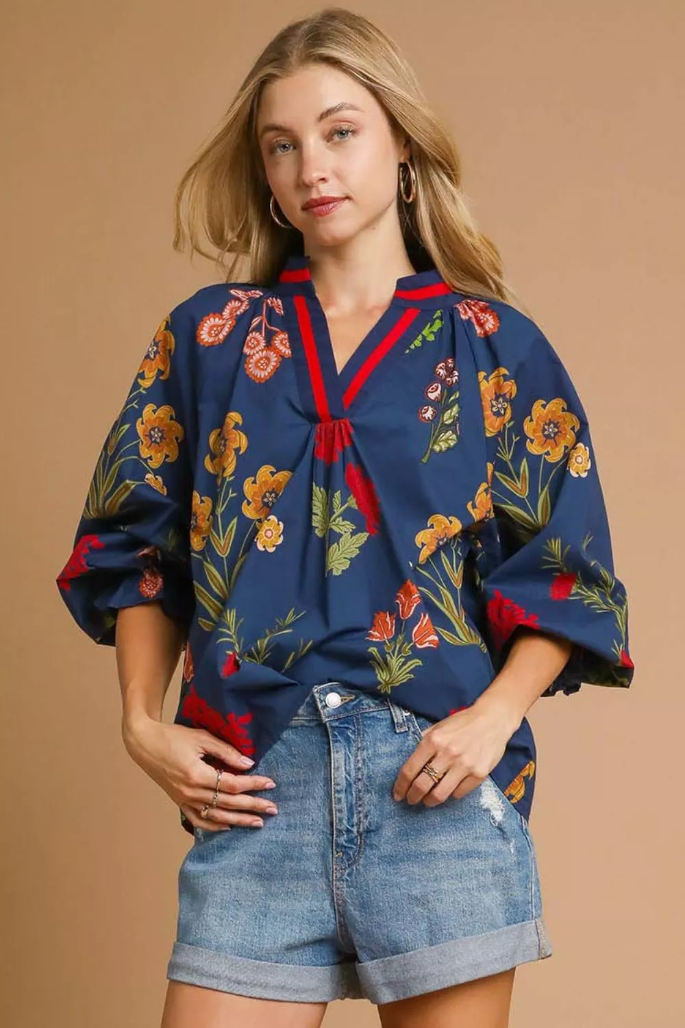 Umgee Floral Print Flounce Sleeve Blouse