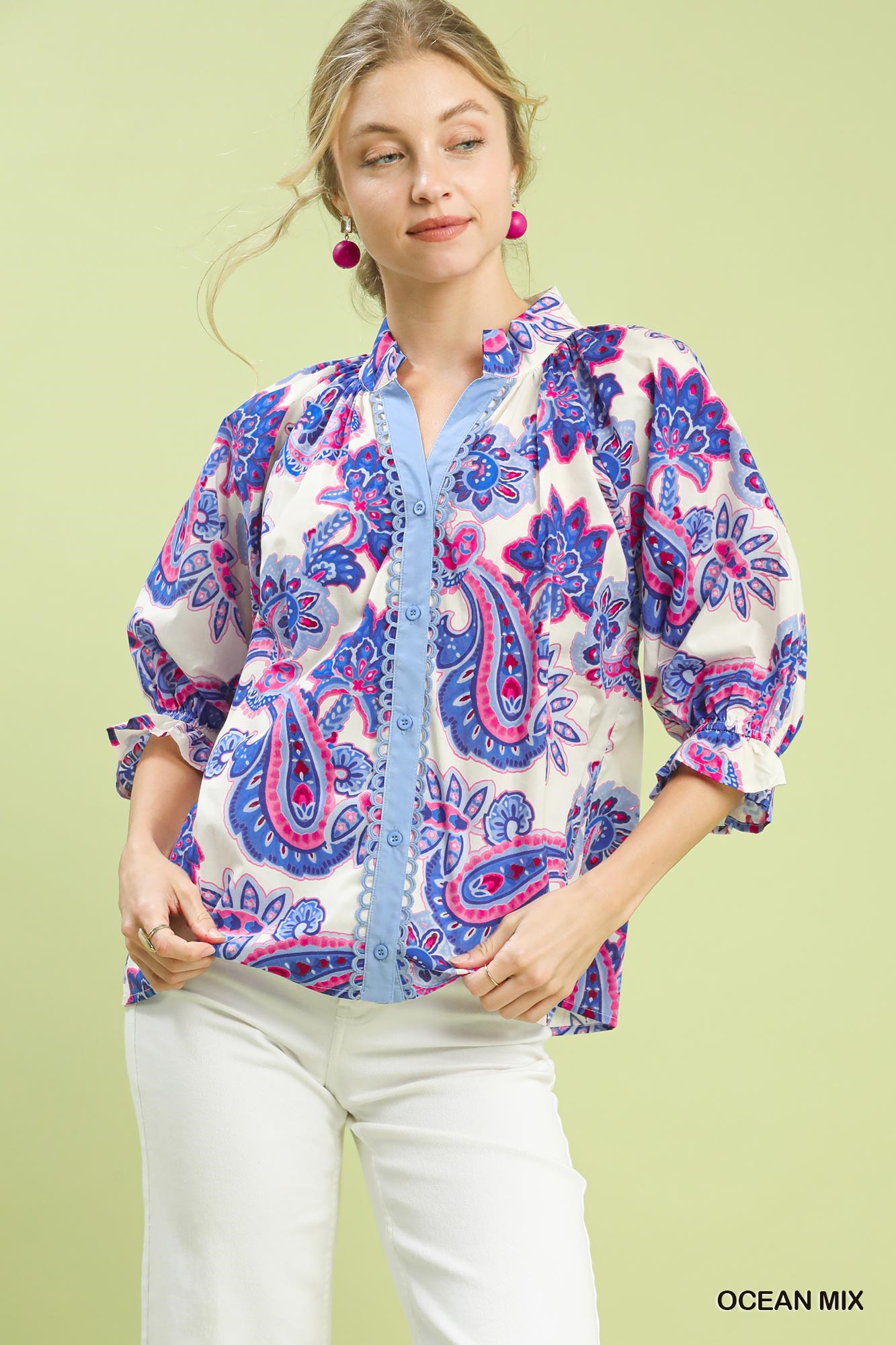 Umgee Paisley Print Button Front Blouse with Scallop Trim Detail