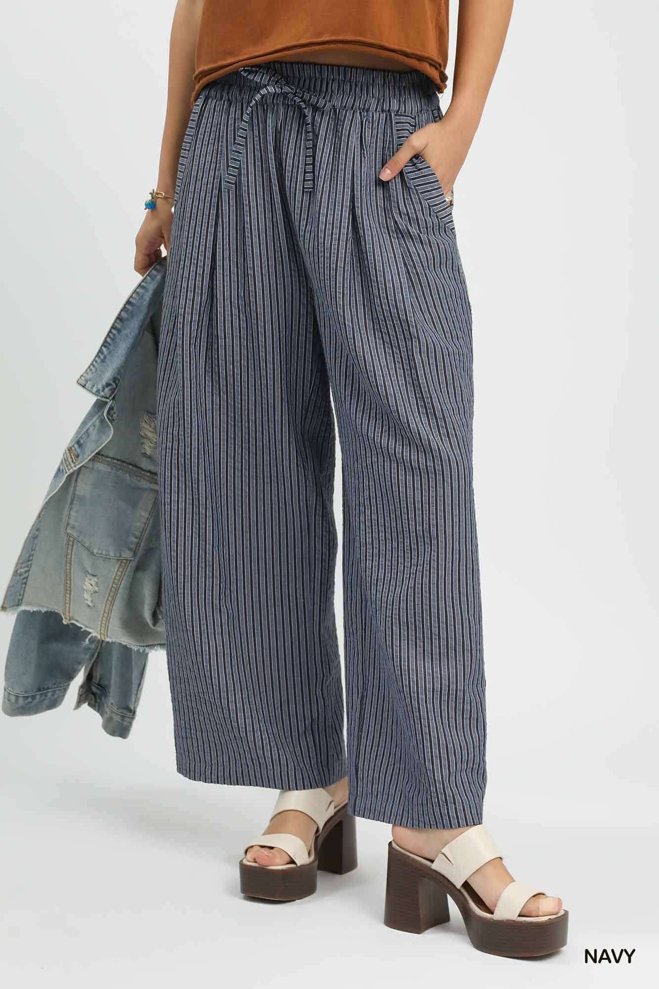 Umgee Drawstring Striped Wide-Leg Pants