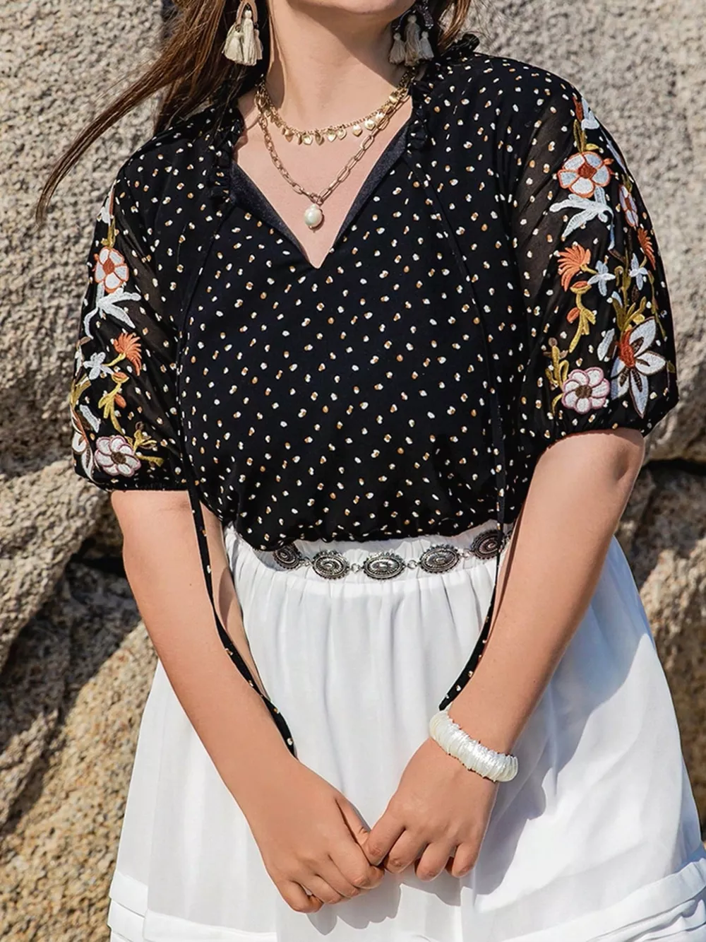 Plus Size Printed Tie Neck Half Sleeve Blouse