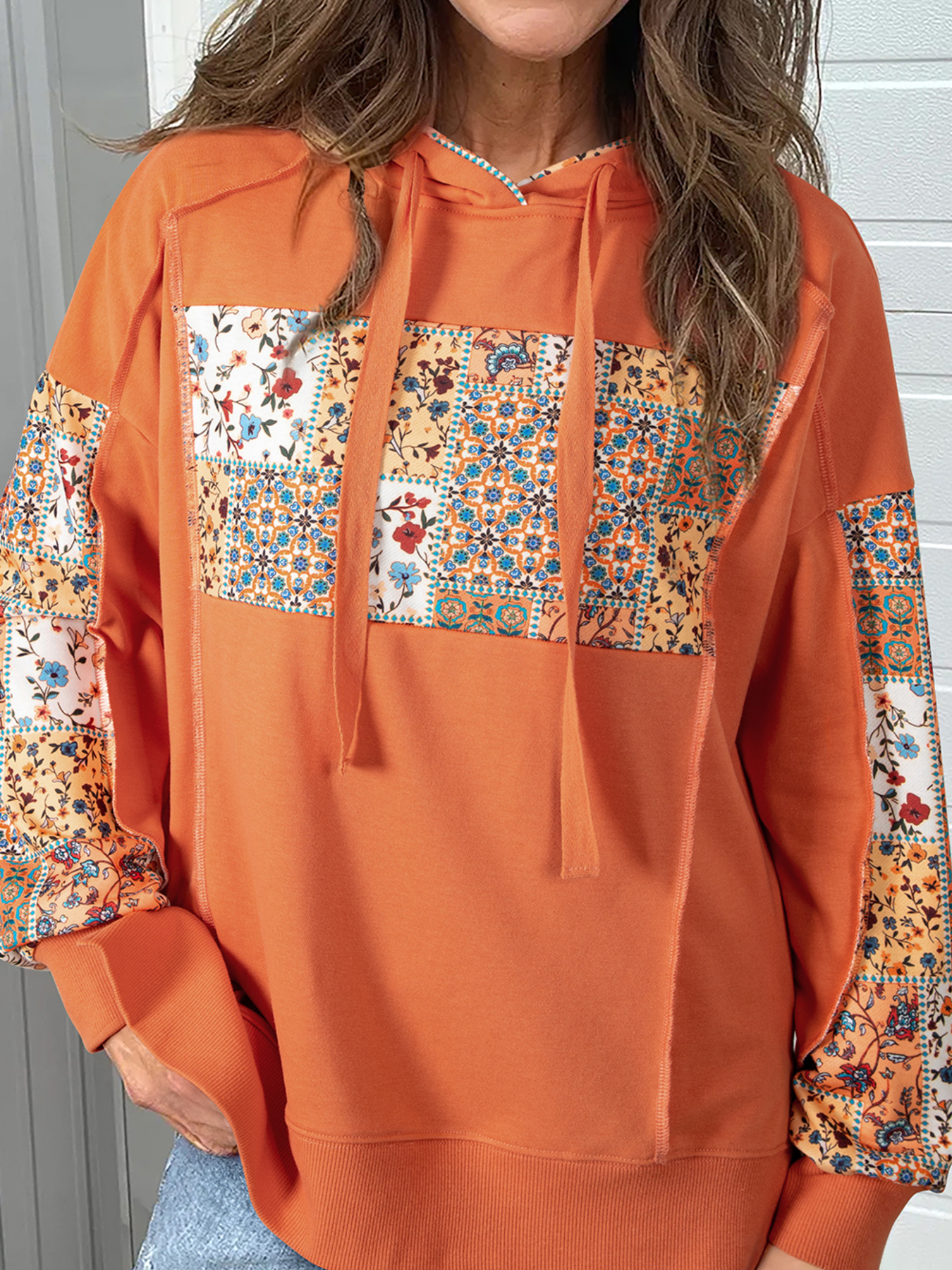 Floral Patchwork Hoodie with Drawstring