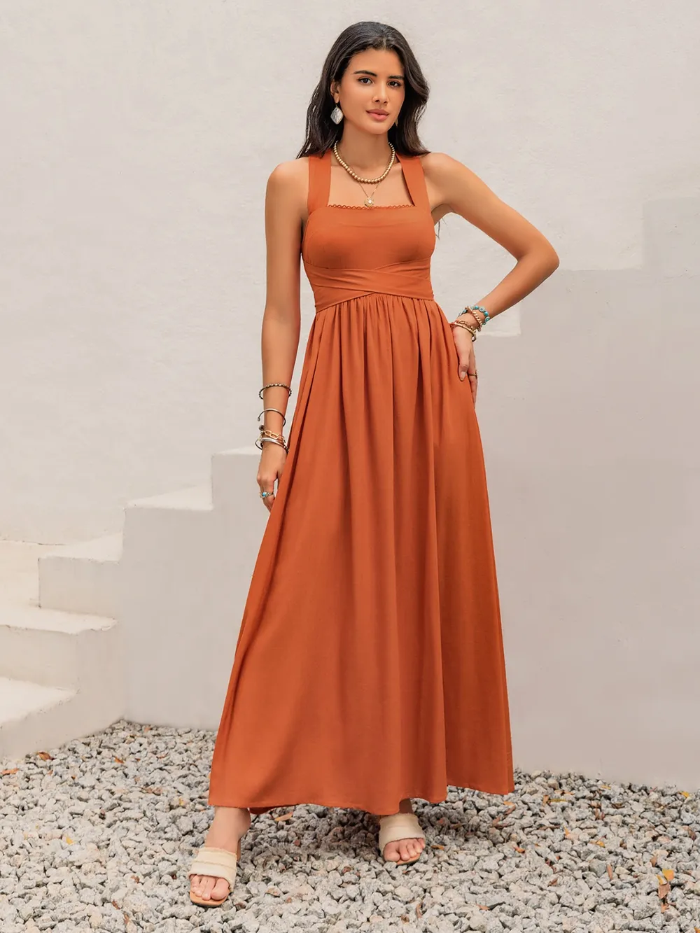 Crisscross Back Smocked Square Neck Maxi Dress