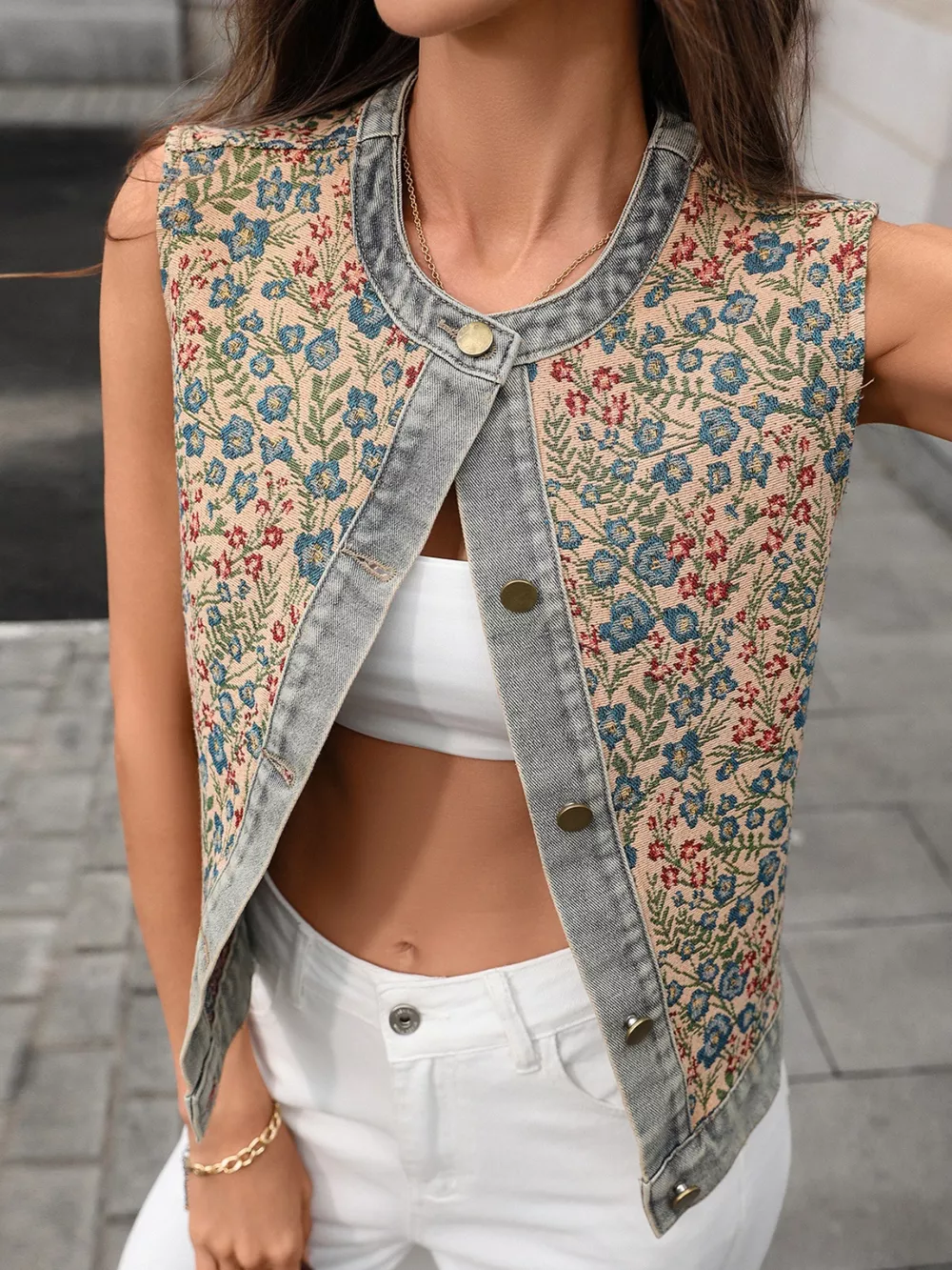 Floral Embroidered Denim Vest Top