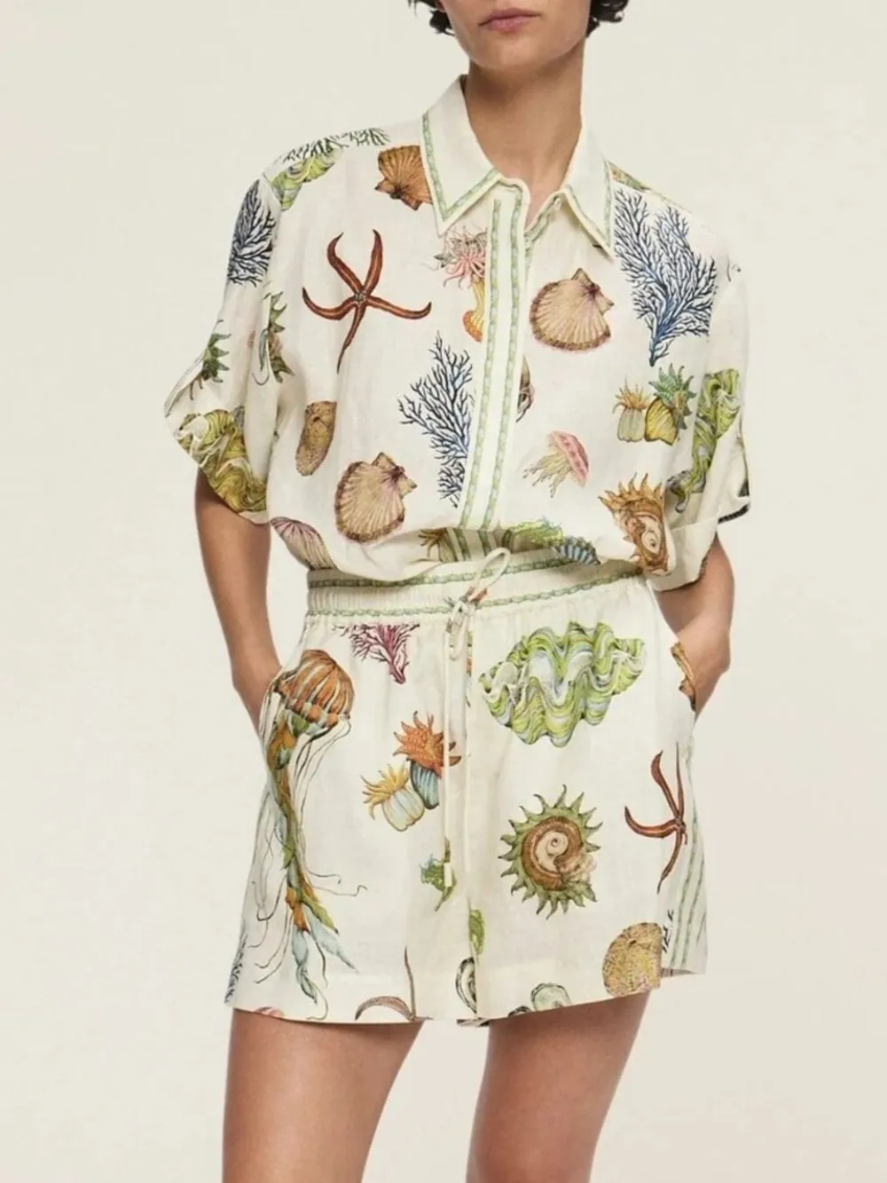 Printed Button Up Shirt and Shorts Set
