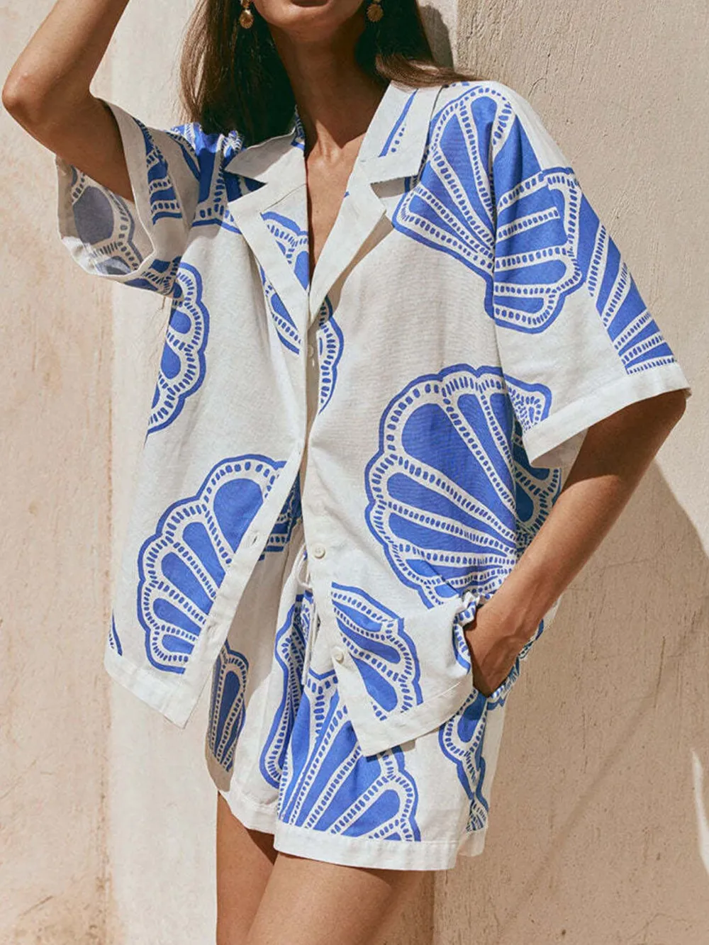Printed Button Up Shirt and Shorts Set