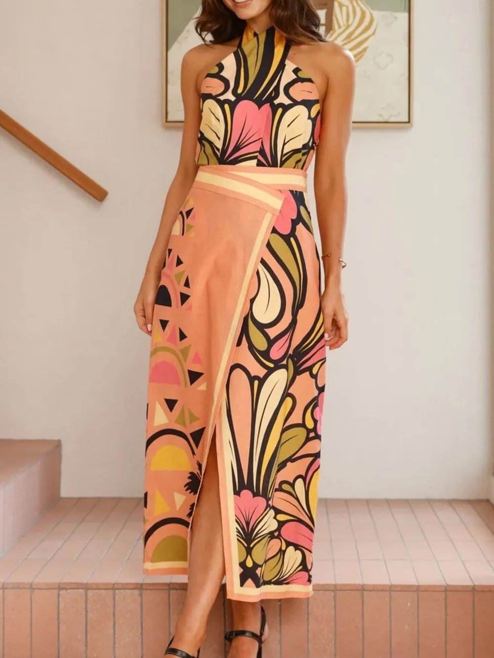 Printed Halter Neck Crop Top and Skirt Set