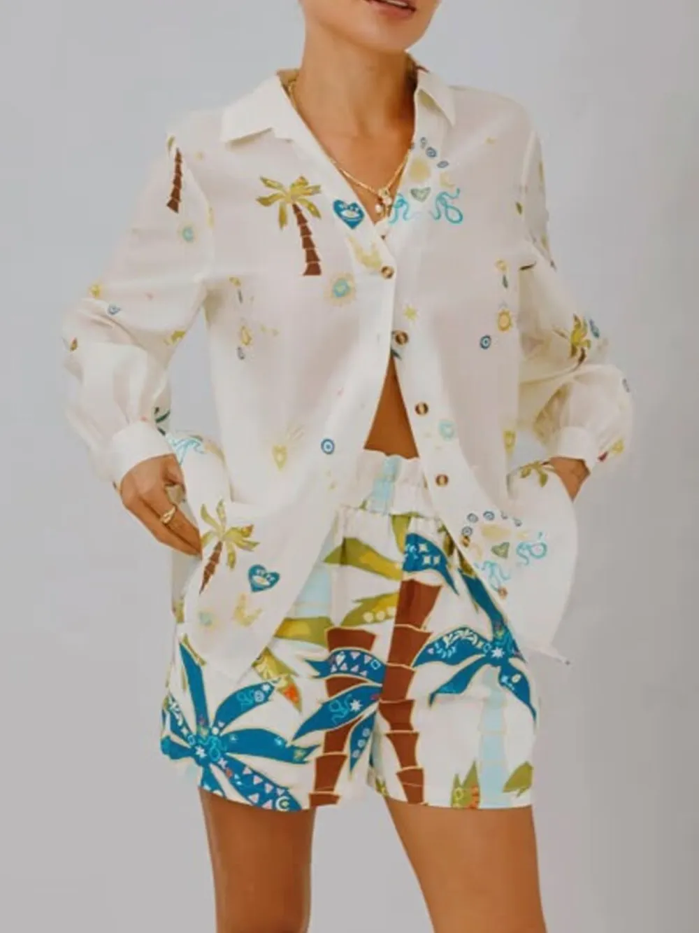Printed Button Up Shirt and Shorts Set
