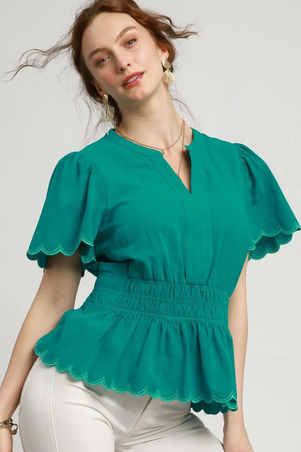 Umgee Scalloped Edge Flutter Sleeve Blouse