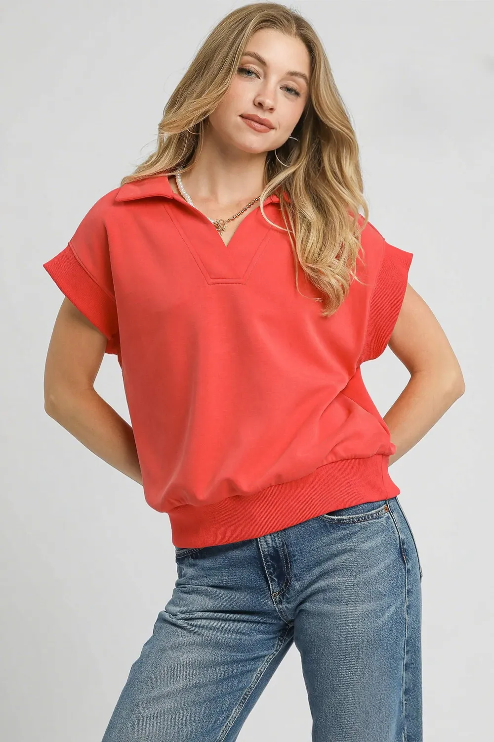 Umgee Luxe Knit Collared Short Sleeve Polo Sweatshirt