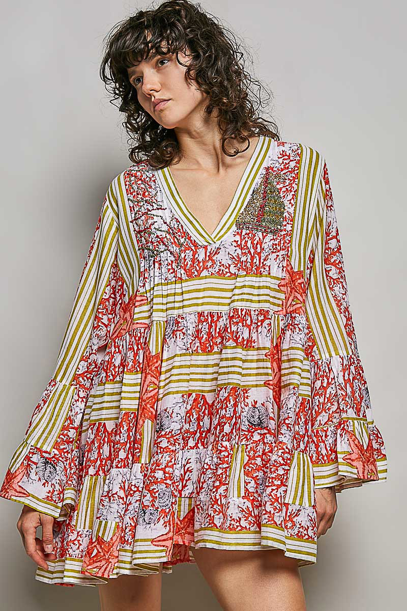 POL Striped Floral Long Sleeve Mini Dress with Pintuck Detail