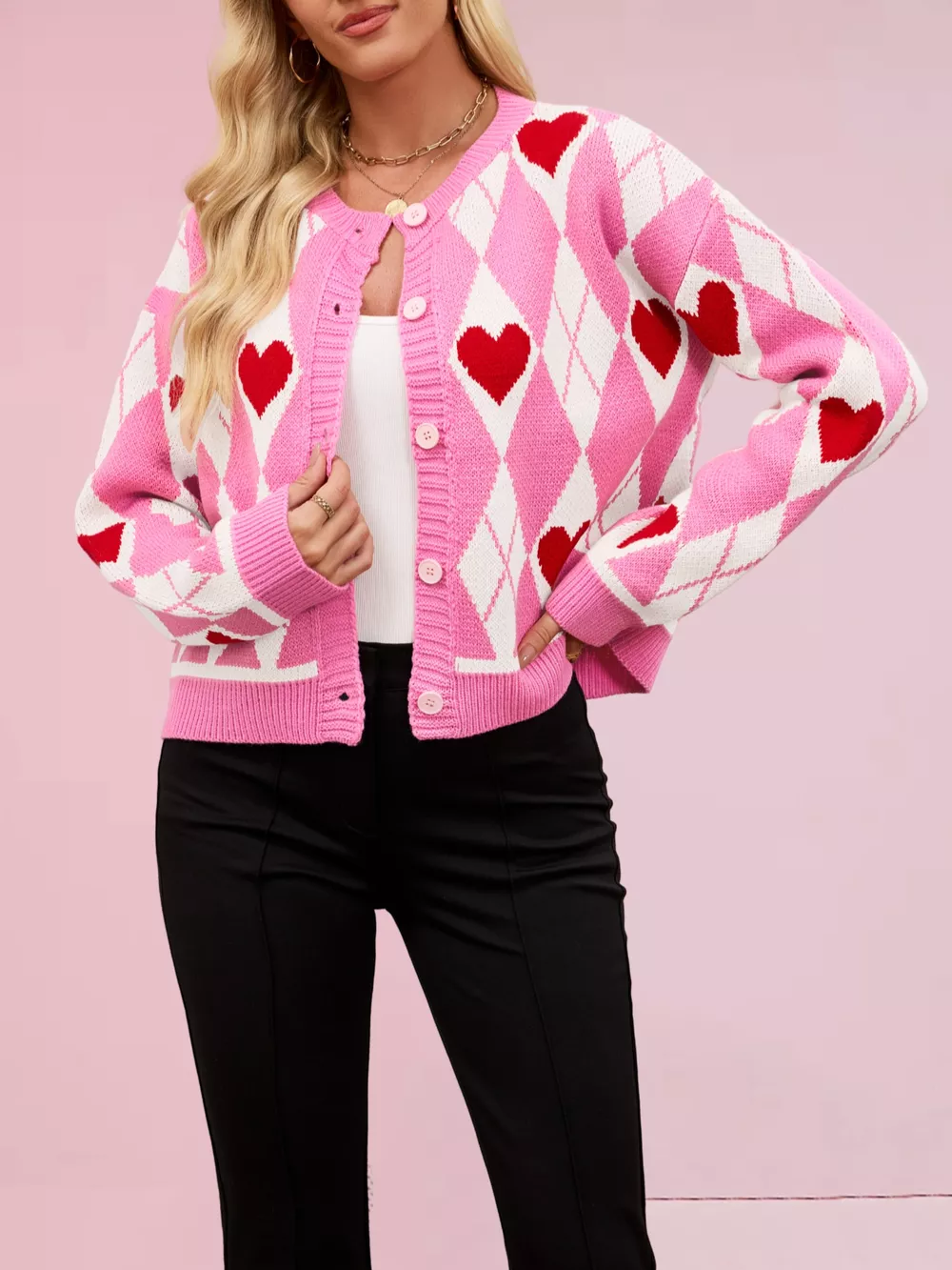 Heart Pattern Button-Up Cardigan