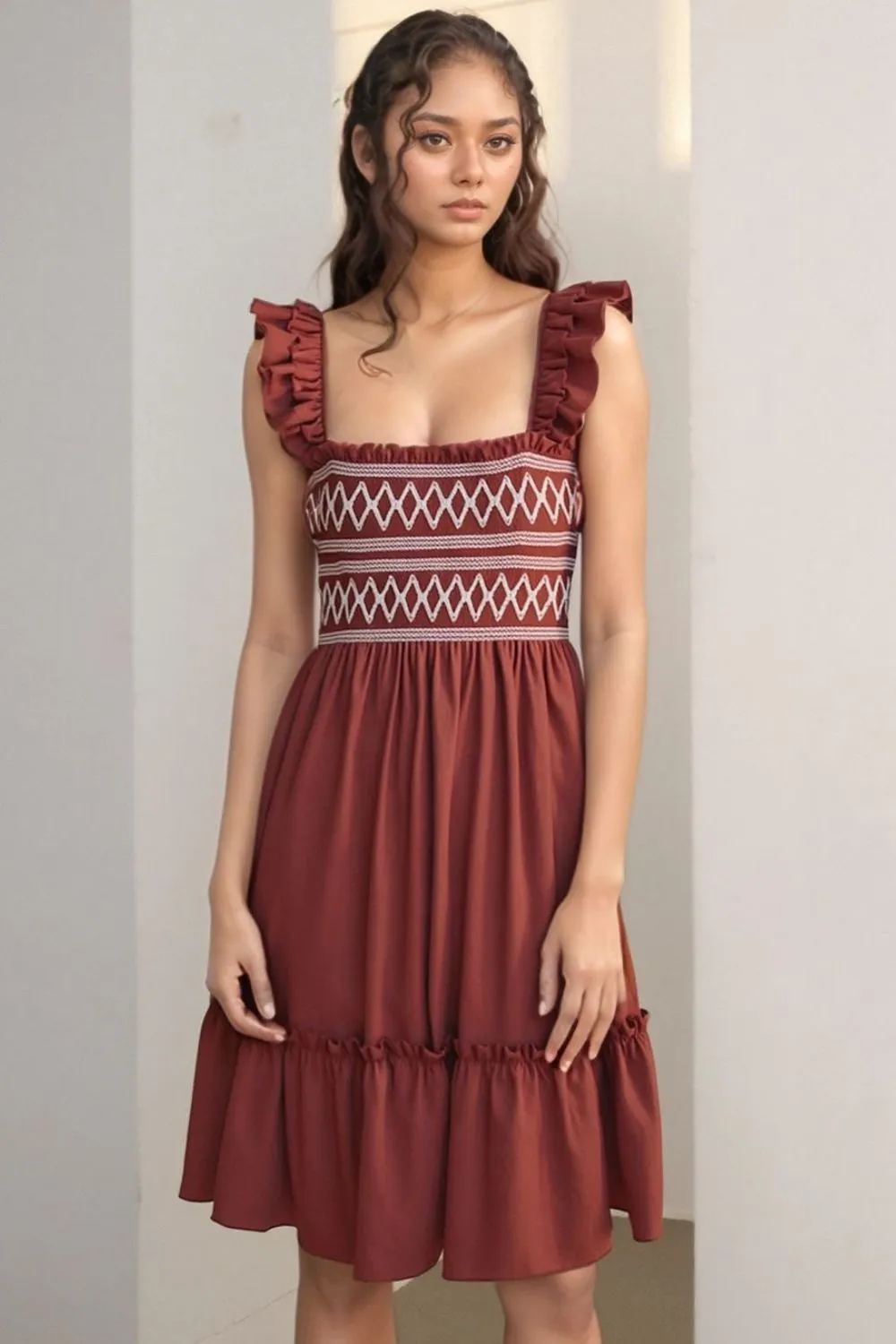 Ruffled Smocked Cap Sleeve Mini Dress