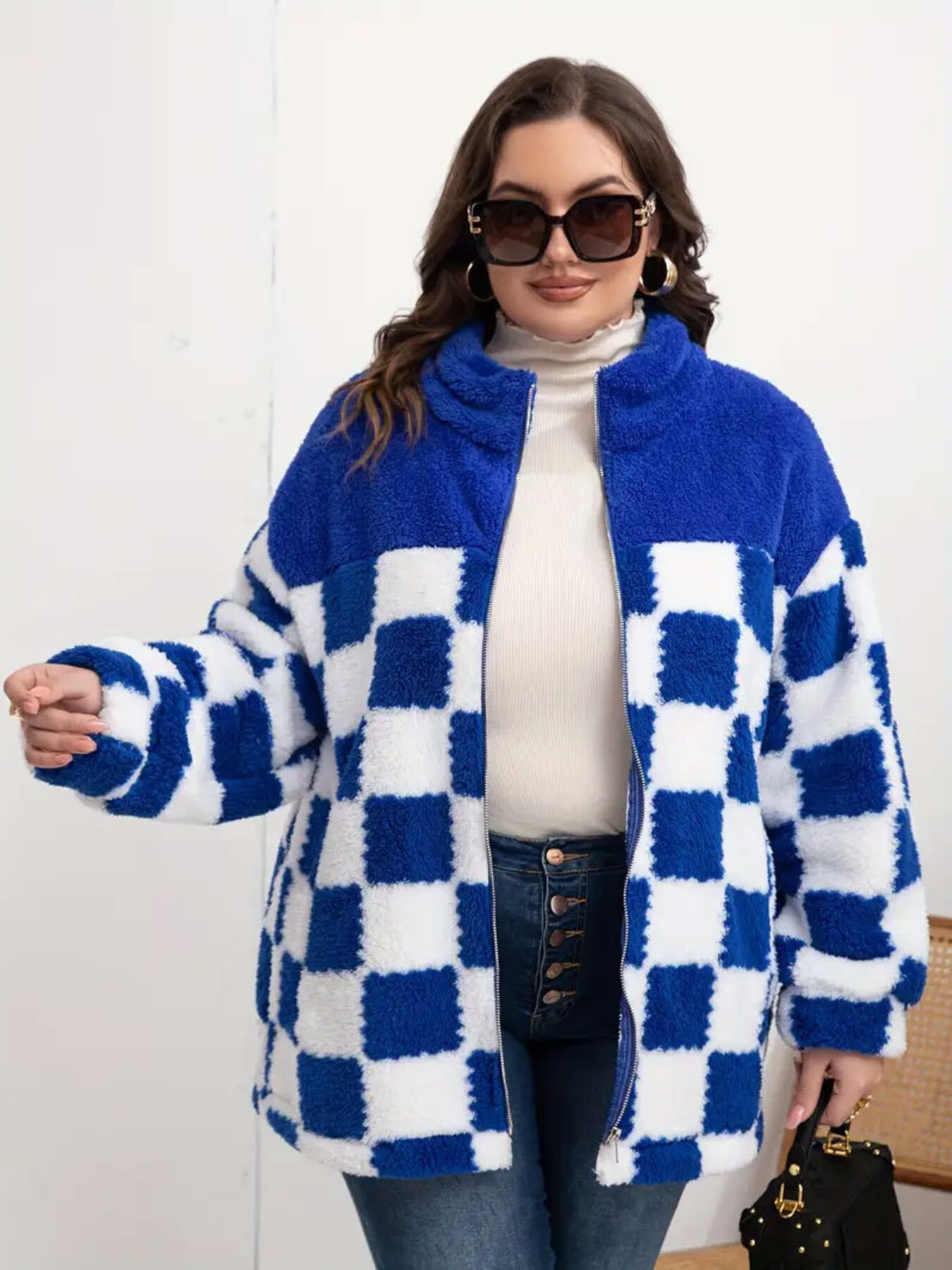 Checkered Fleece Oversized Zip Up Jacket