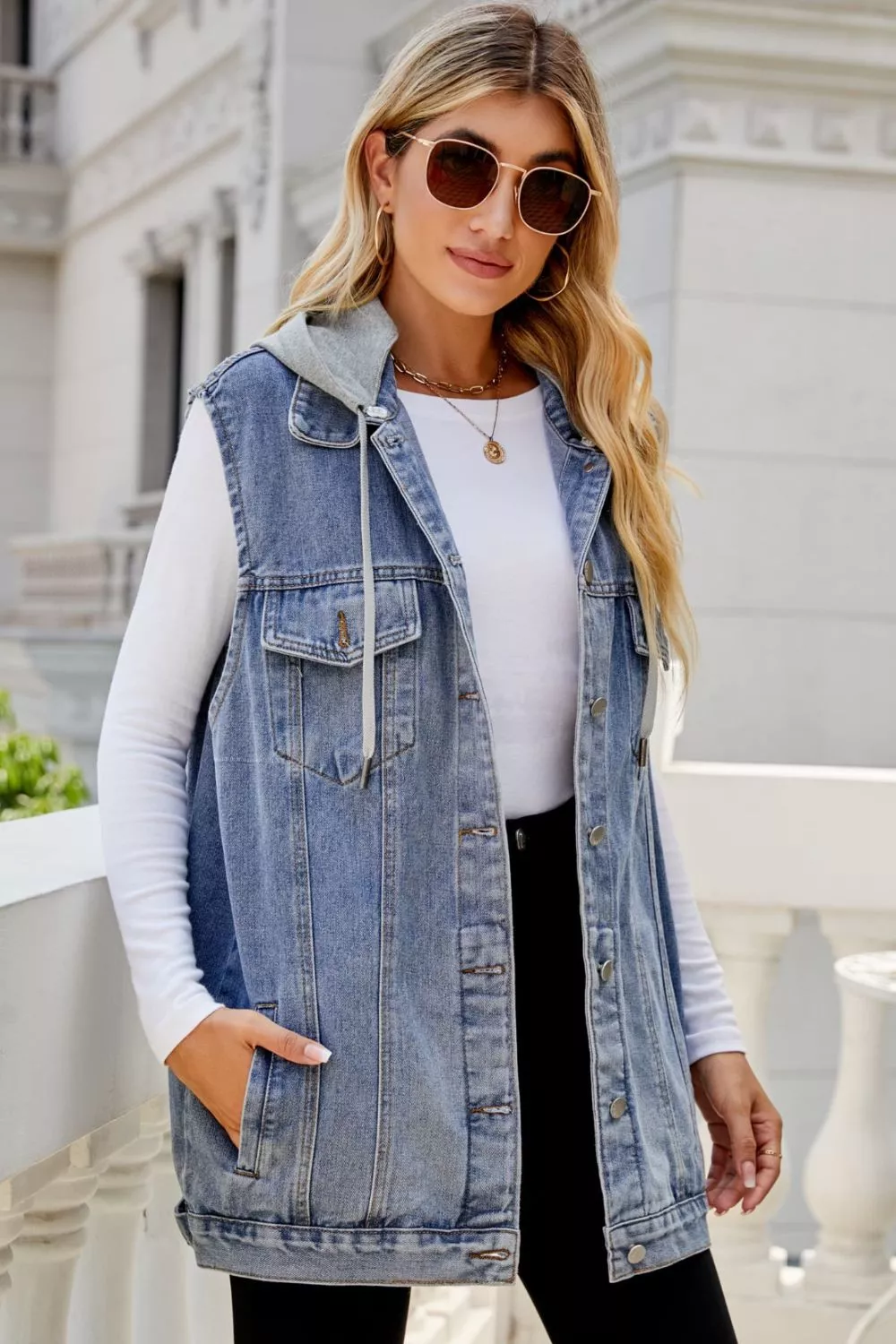 Drawstring Hooded Sleeveless Denim Top With Pockets