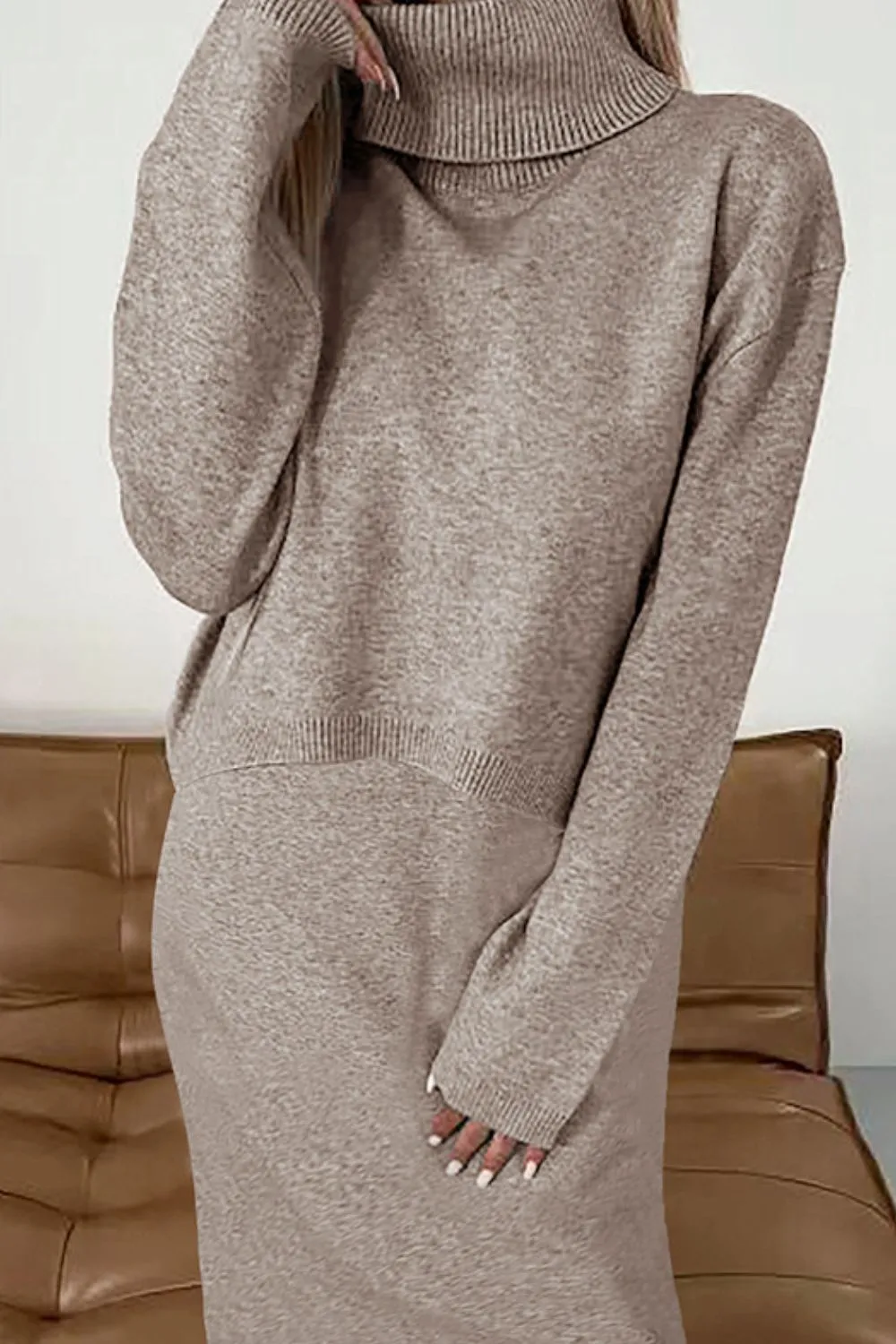 Turtleneck Dropped Shoulder Sweater and Dress Sweater Set