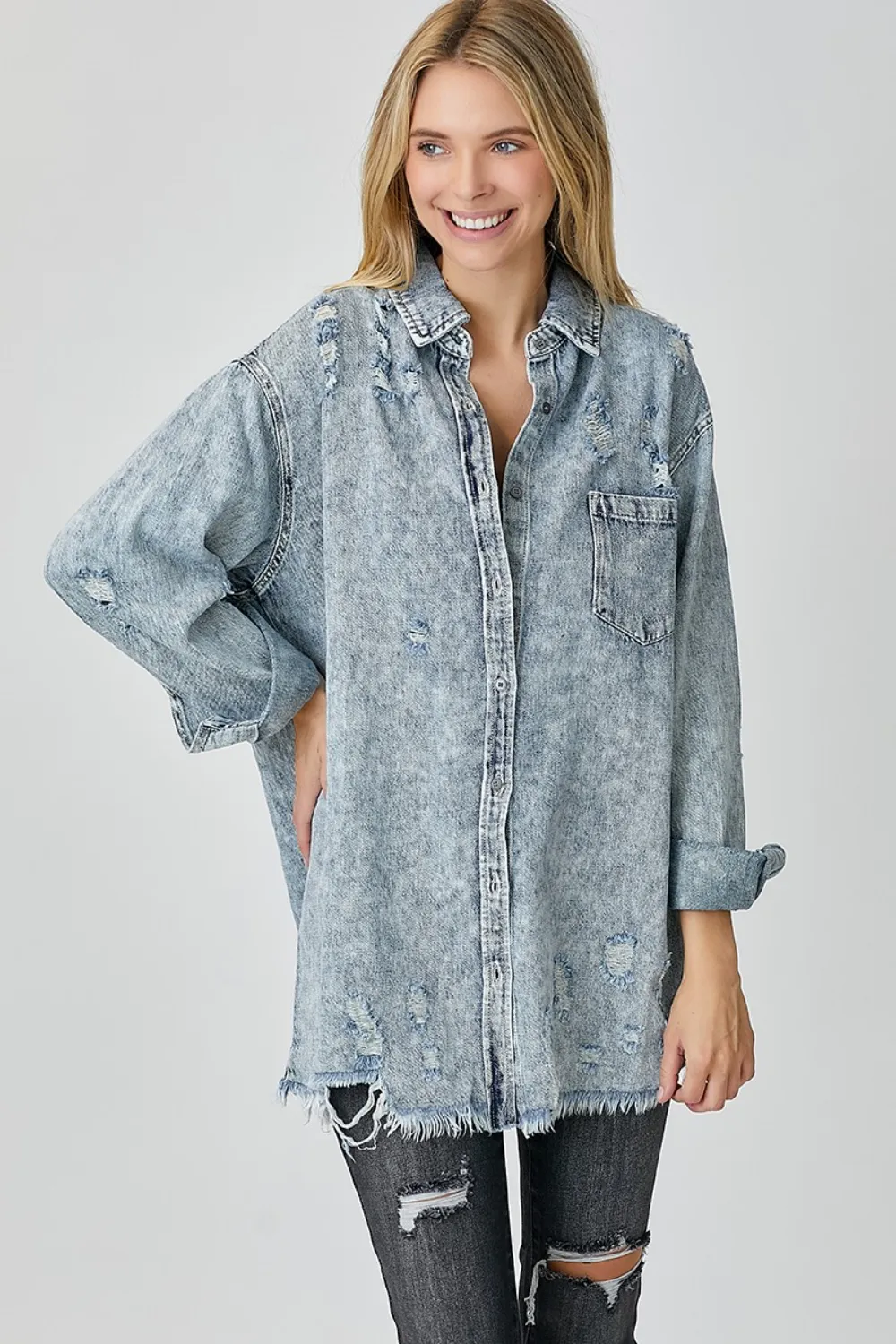 Risen Distressed Raw Hem Denim Shirt