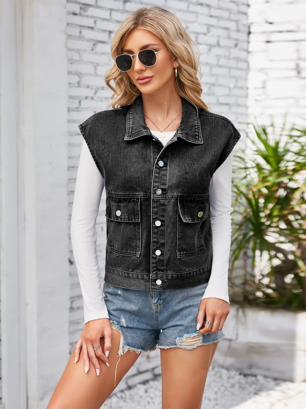 Cap Sleeve Denim Jacket With Pockets