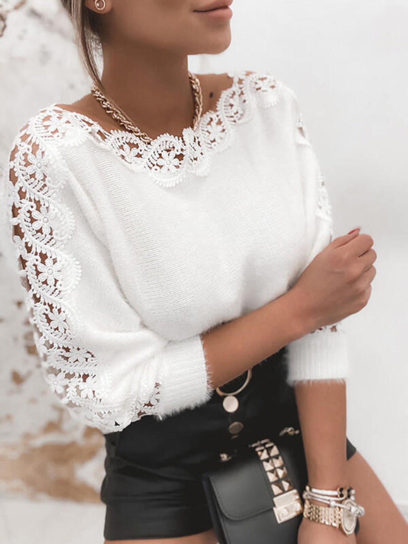 Lace Trim Round Neck Sweater
