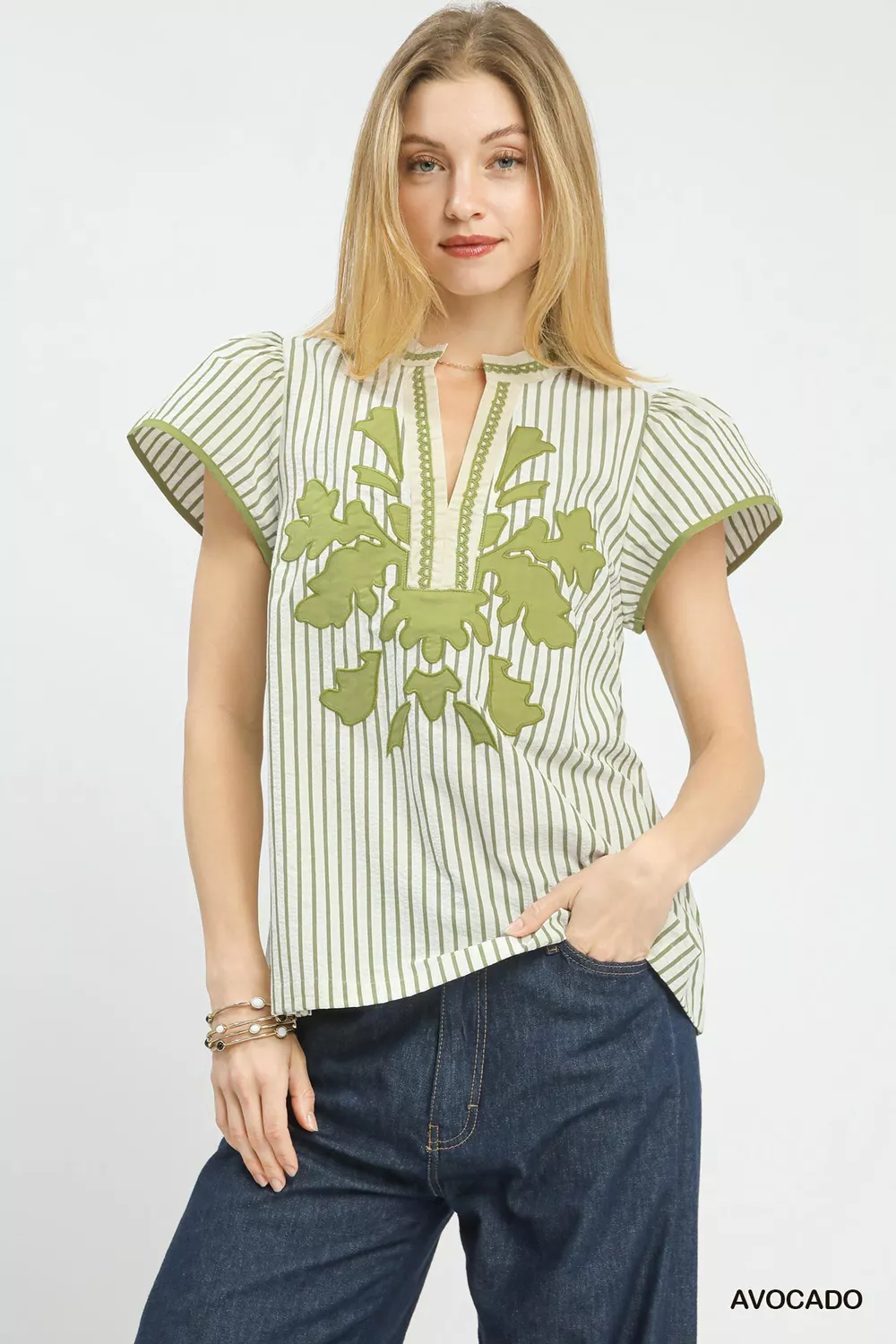 Umgee V-Neck Stripe Top with Lace Trim