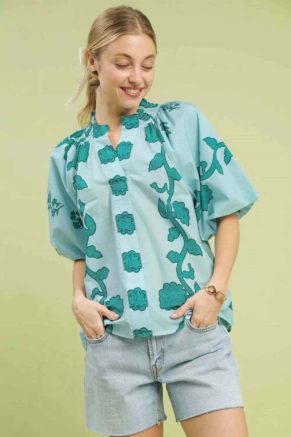 Umgee Floral Smocked Notched Puff Sleeve Blouse