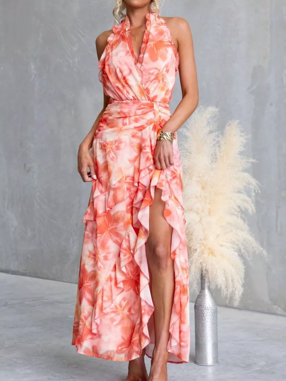 Floral Print Ruffle Halter Neck Maxi Dress