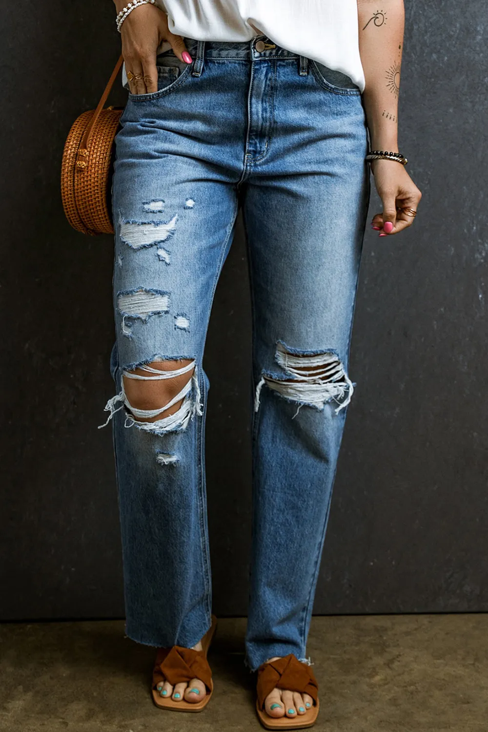 Distressed Raw Hem Jeans With Pockets