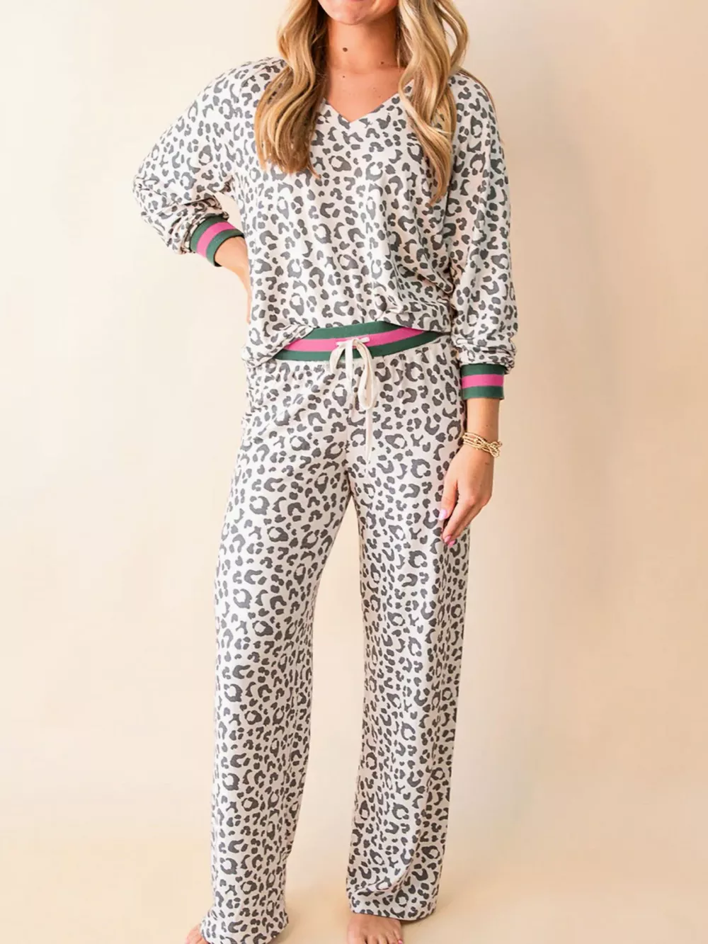 V Neck Leopard Long Sleeve Top Striped Webbing Patchwork Drawstring Pant Set