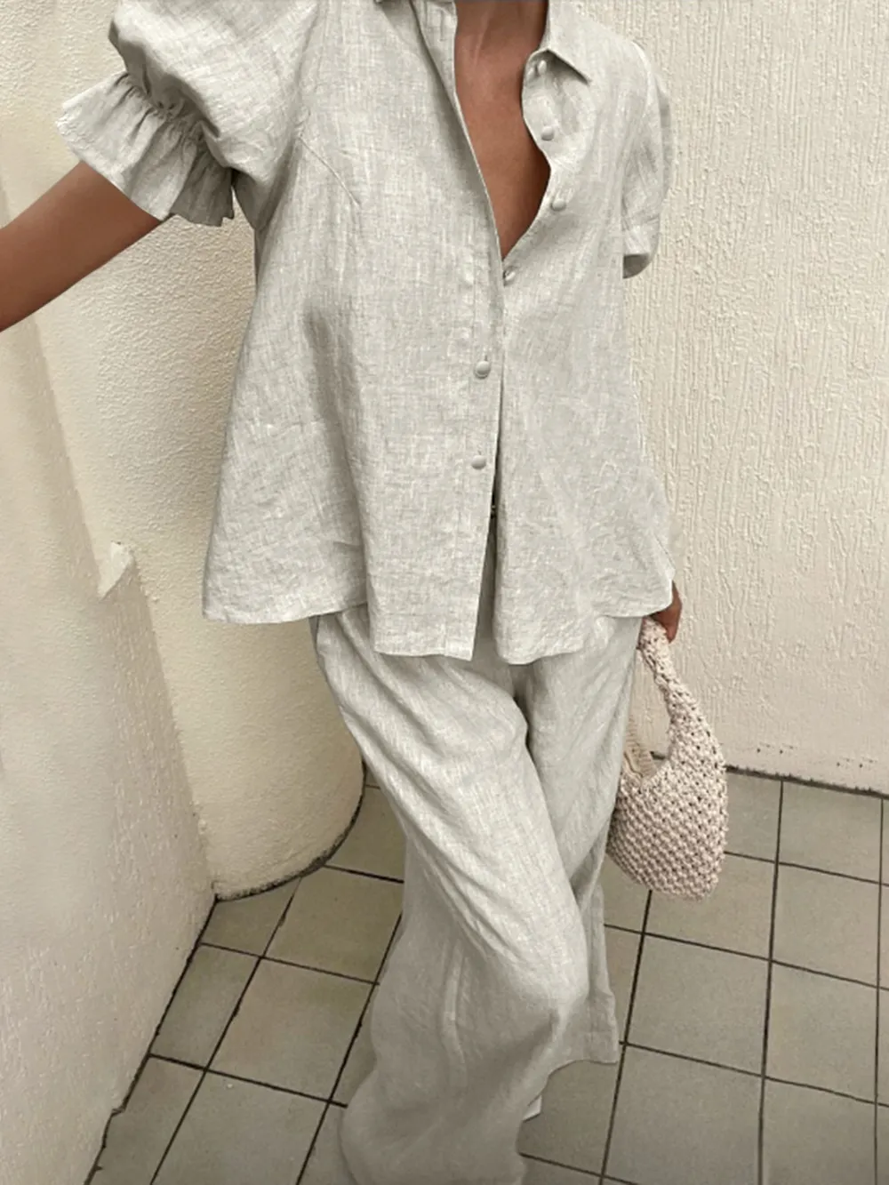 Plus Size Button-Down Shirt and Wide-Leg Pants Set