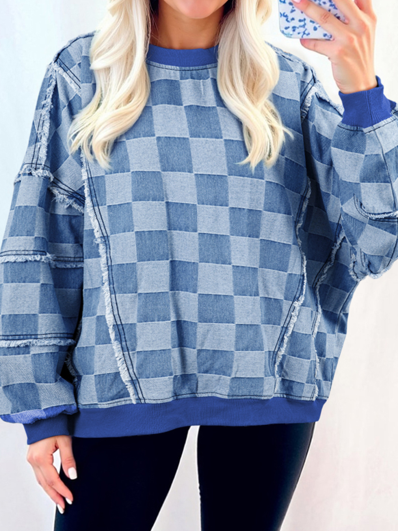 Checkerboard Splicing Raw Detail Oversized Denim Top