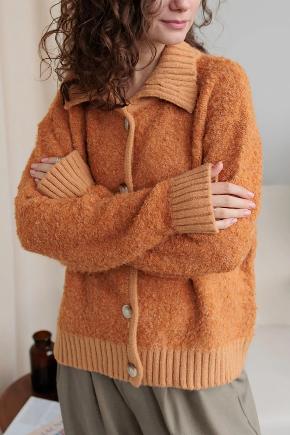 Collared Neck Button Down Long Sleeve Cardigan