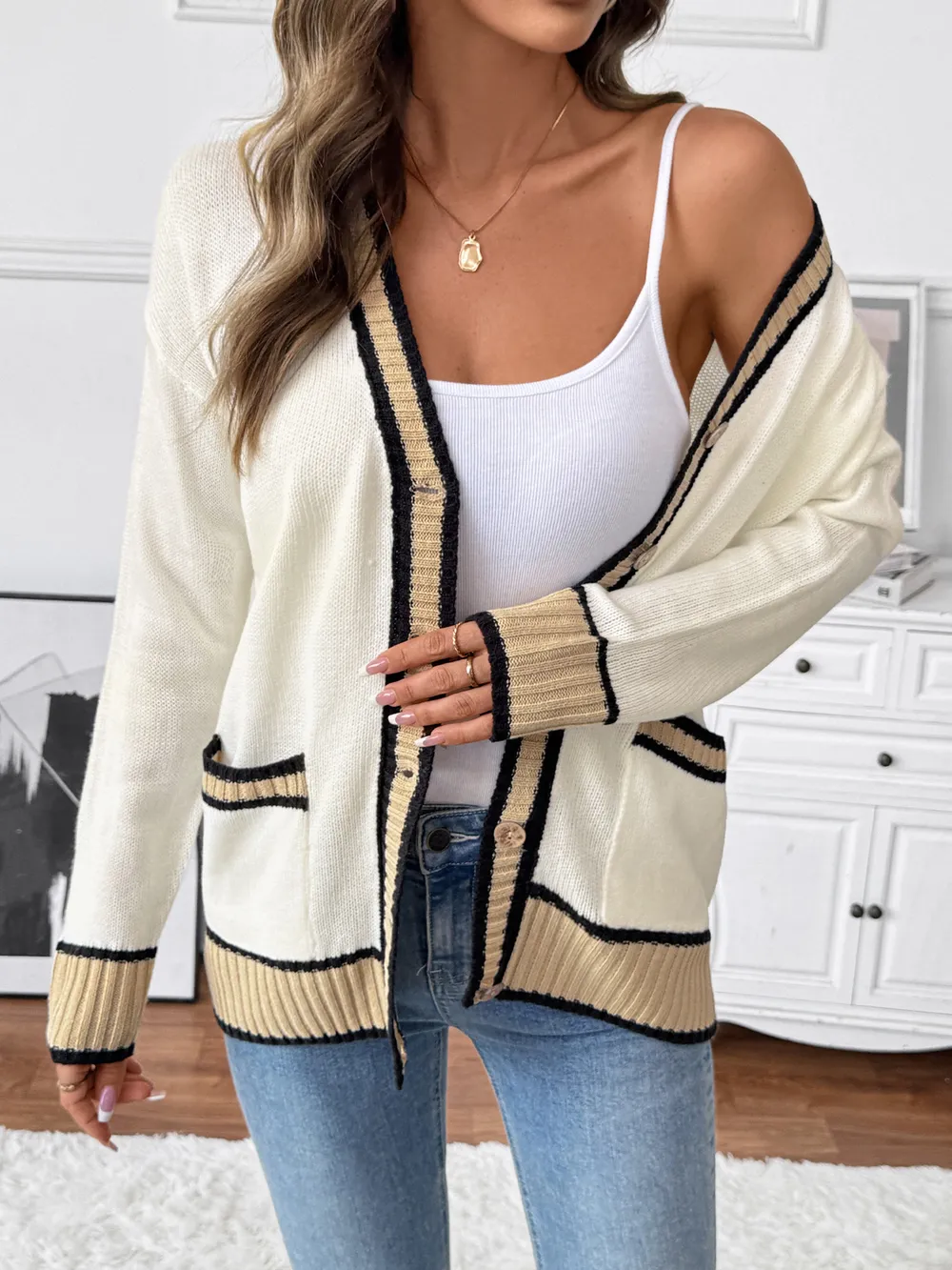 Contrast Trim Button Up Knit Cardigan