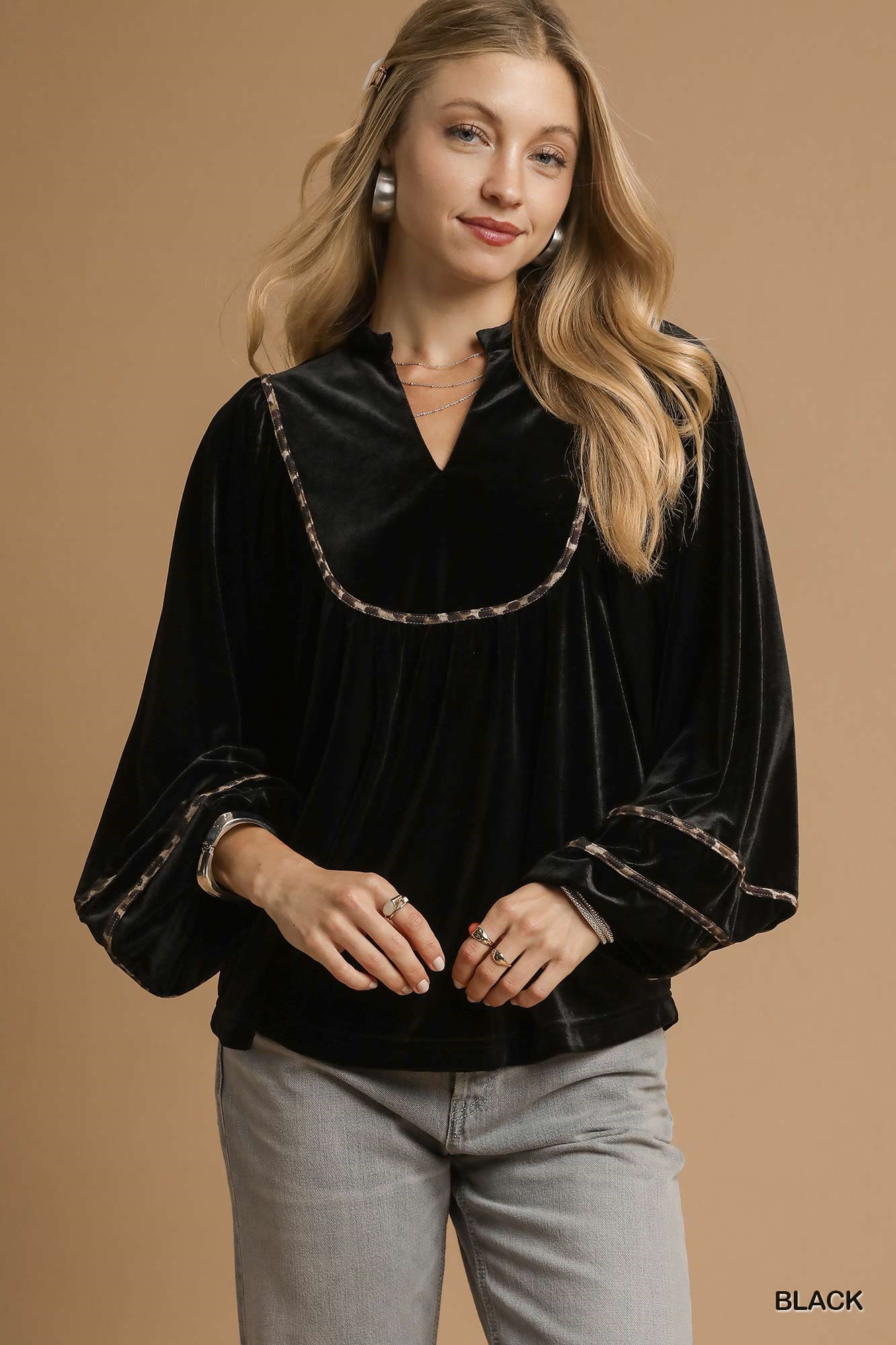 Umgee Velvet Long Sleeve Blouse With Contrast Trim