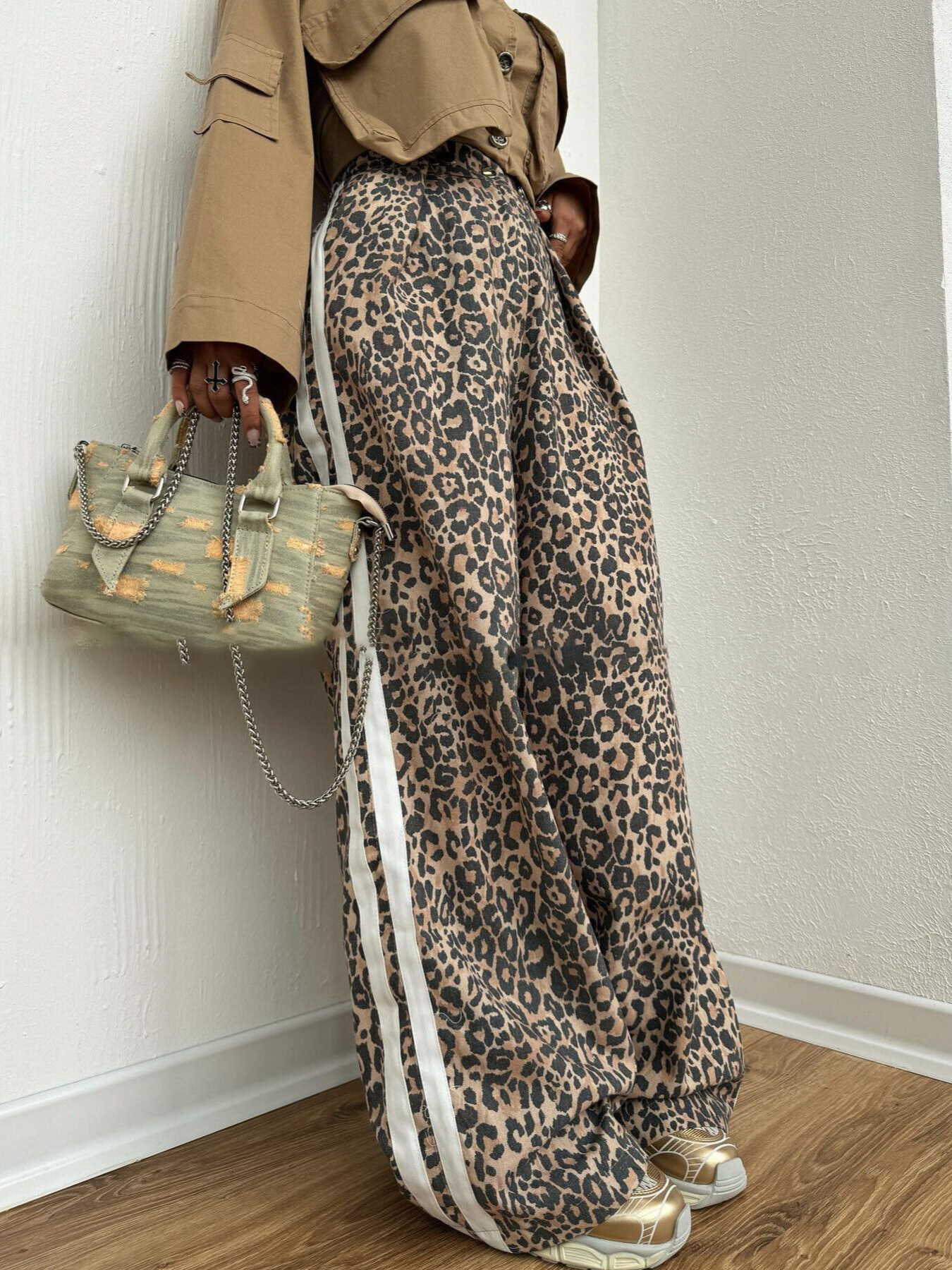 Leopard Print Wide Leg Pants With Side Stripe Detail