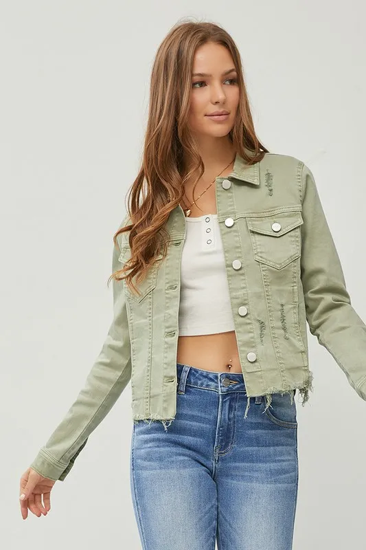 Risen Full Size Raw Hem Button Up Cropped Denim Jacket Plus Size