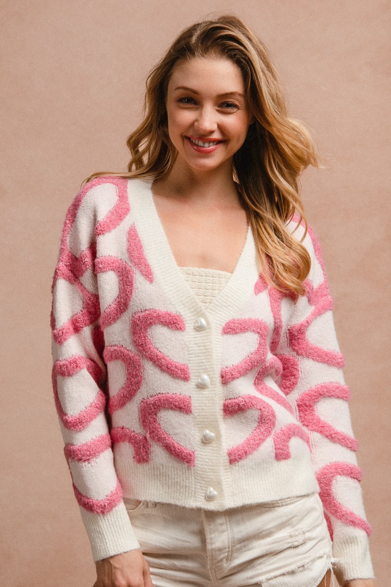 Bibi Textured Heart Buttoned V Neck Cardigan